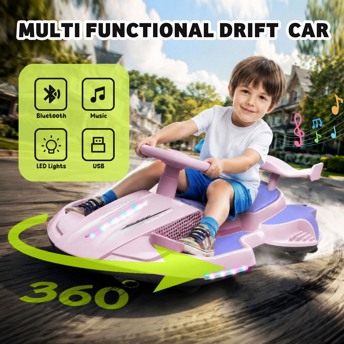 KEEPSUN 12V Electric Wiggle Car for Kids, 2 in 1 Swing Ride on Toy, Drift Car with Spray, Flashing 360° Swivel Wheels, Music, Bluetooth, Anti-Rollover, Gift for Boys Girls Ages 3-8 - Pink & Purple