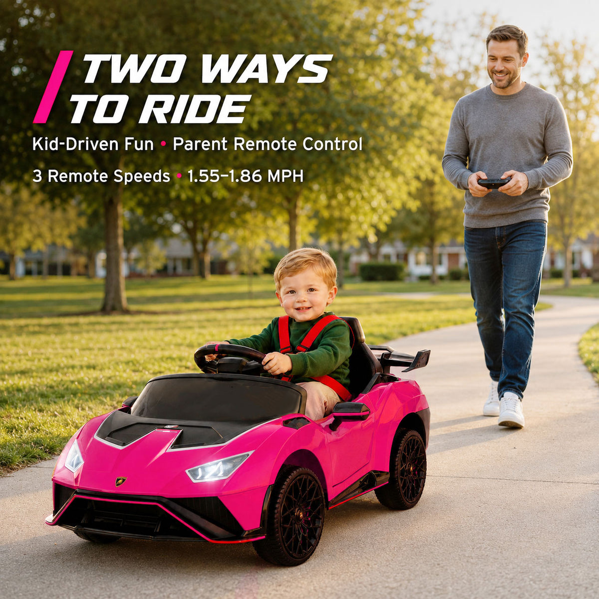 KEEPSUN 12V Ride On Toys for Kids, Licensed Lamborghini Ride On Car w/Remote Control, 3-Speed, Bluetooth & Music, Electric Car for Toddler Ages 2-4, Ideal Gift for Boys Girls - Pink