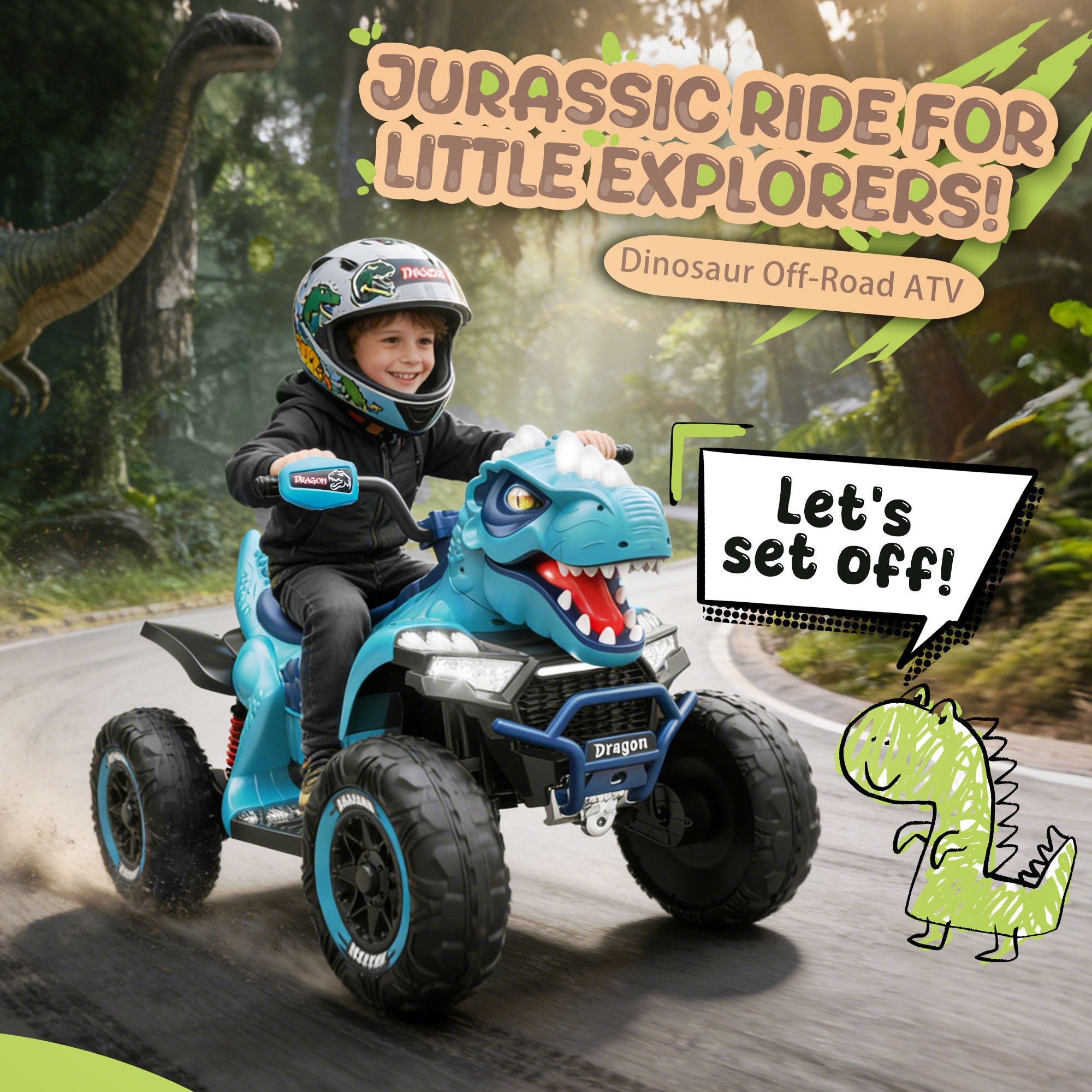 KEEPSUN 12V Ride on Toy for Kids, Dinosaur Ride on Car w/ Remote Control, 2-Seater 4 wheeler Kids ATV Quad with 100W*2 Motors, Bluetooth, Spring Suspension, Music, Cool Lights