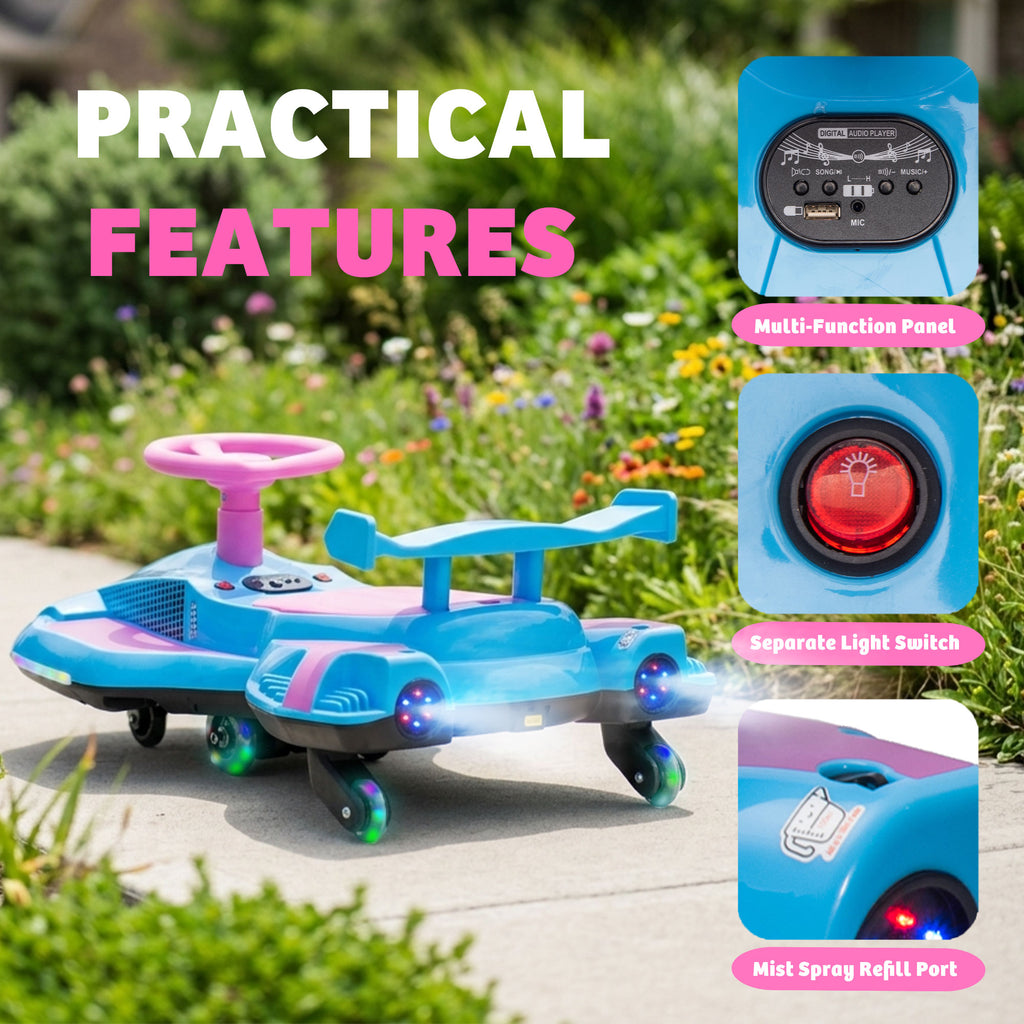 KEEPSUN 12V Electric Wiggle Car for Kids, 2 in 1 Swing Ride on Toy, Drift Car with Spray, Lights, Music, Bluetooth, Anti-Rollover, Gift for Boys Girls Ages 3 and Up