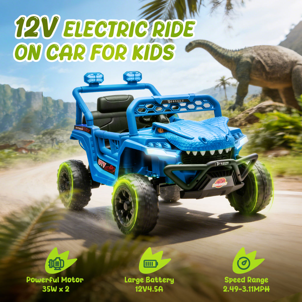 12V Ride On Cars for Kids, Kids Ride on Toys with Remote Control, Dinosaur Kids UTV Cars, 4 Wheel Suspension Electric Vehicle with Bluetooth, Music, LED, Ideal Gift for Boys Girls 2-4, Blue