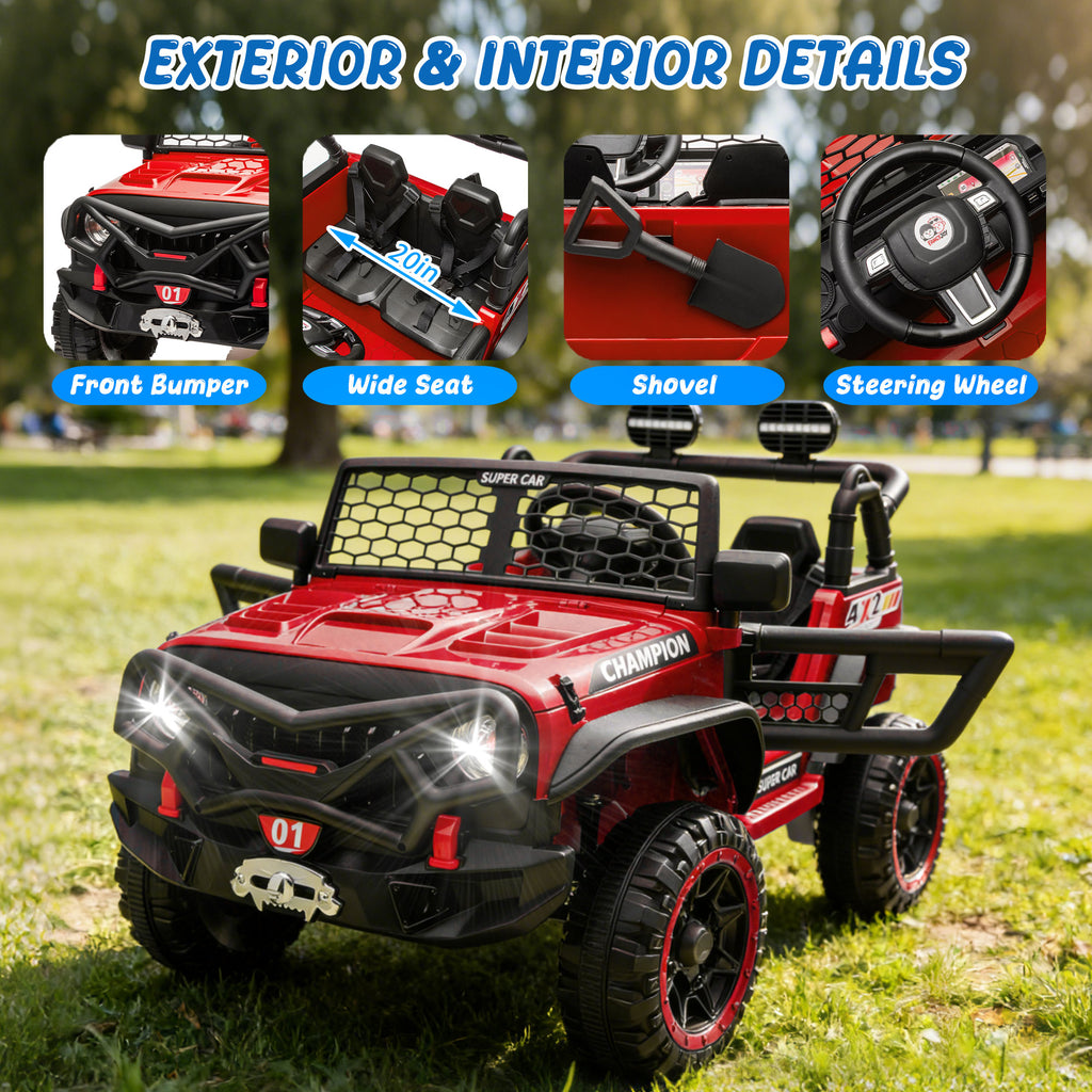 24V 2 Seater Ride On Toys for Kids, Ride On Car with Remote Control, Ride On Truck, 4-Wheel Suspension, Soft Start, Bluetooth, Led Lights, Electric Car for Kids Ages 3-8, Gift for Boys Girls - Red
