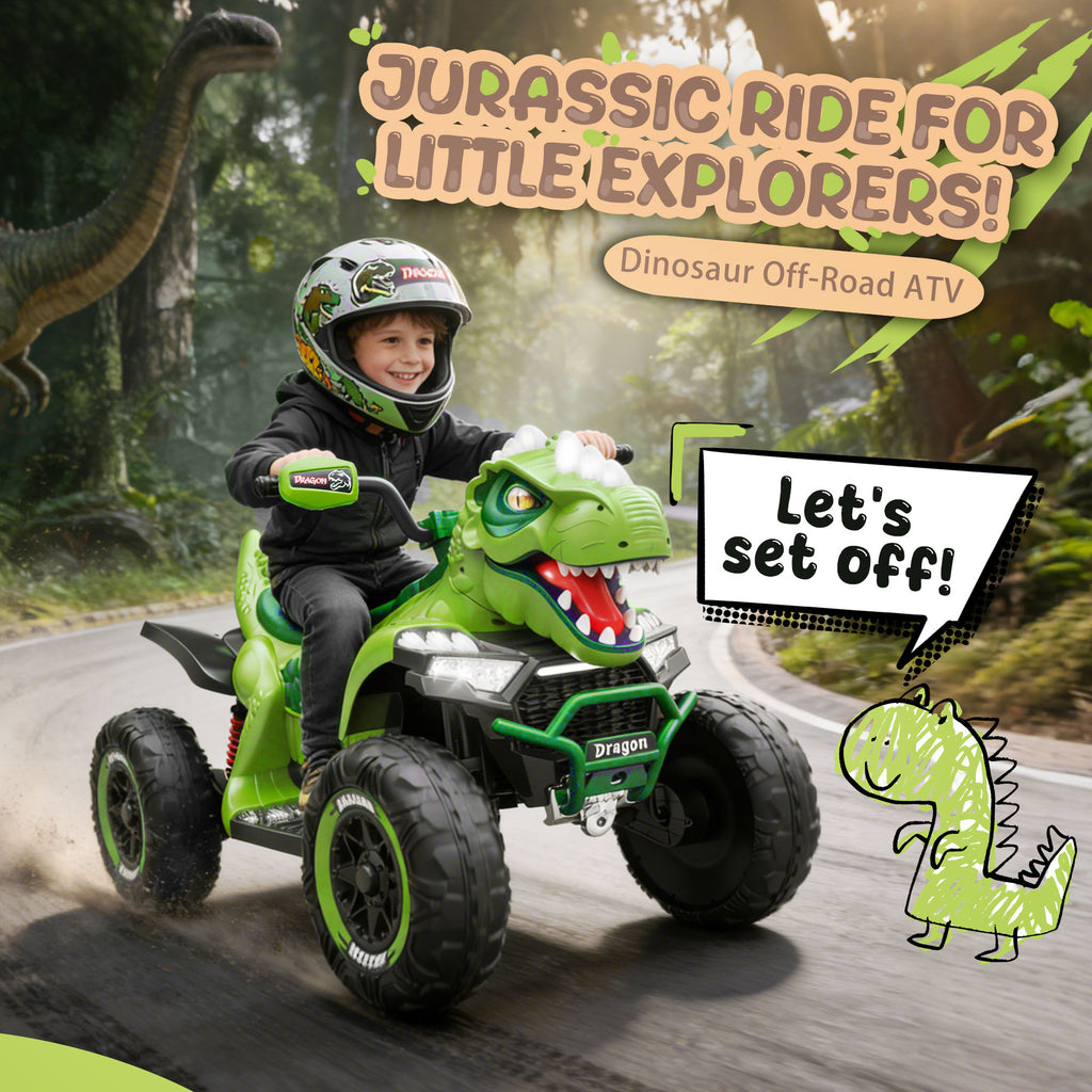 KEEPSUN 12V Ride on Toy for Kids, Dinosaur Ride on Car w/ Remote Control, 2-Seater 4 wheeler Kids ATV Quad with 100W*2 Motors, Bluetooth, Spring Suspension, Music, Cool Lights,Green