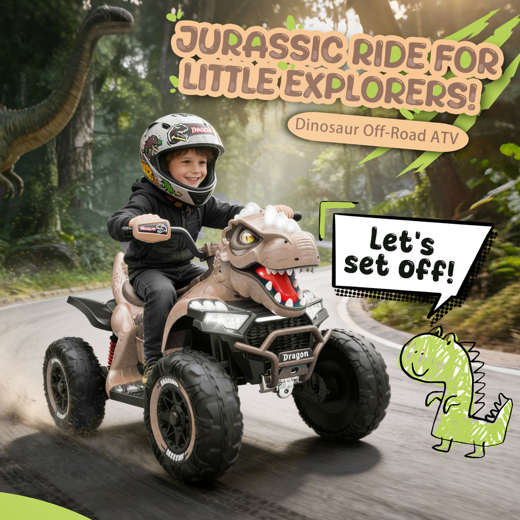 KEEPSUN 12V Ride on Toy for Kids, Dinosaur Ride on Car w/ Remote Control, 2-Seater 4 wheeler Kids ATV Quad with 100W*2 Motors, Bluetooth, Spring Suspension, Music, Cool Lights, Khaki