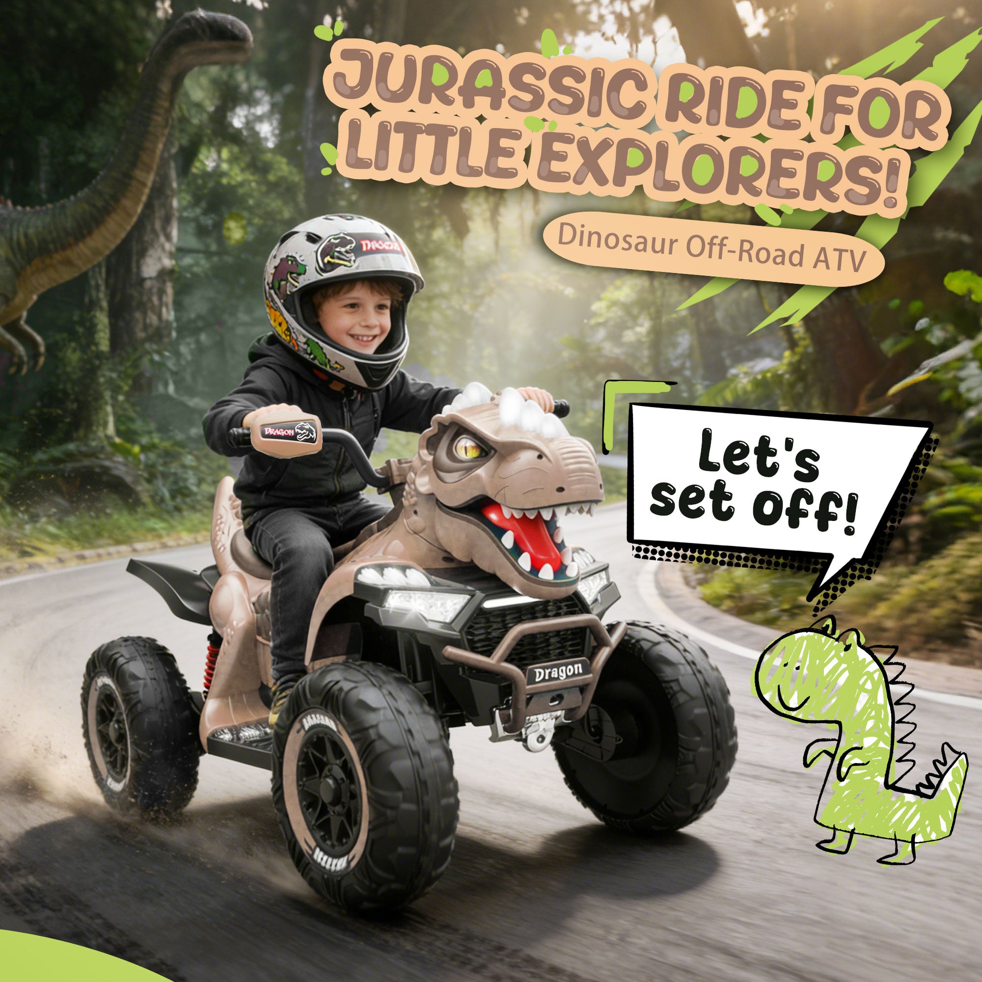 KEEPSUN 12V Ride on Toy for Kids, Dinosaur Ride on Car w/ Remote Control, 2-Seater 4 wheeler Kids ATV Quad with 100W*2 Motors, Bluetooth, Spring Suspension, Music, Cool Lights, Khaki