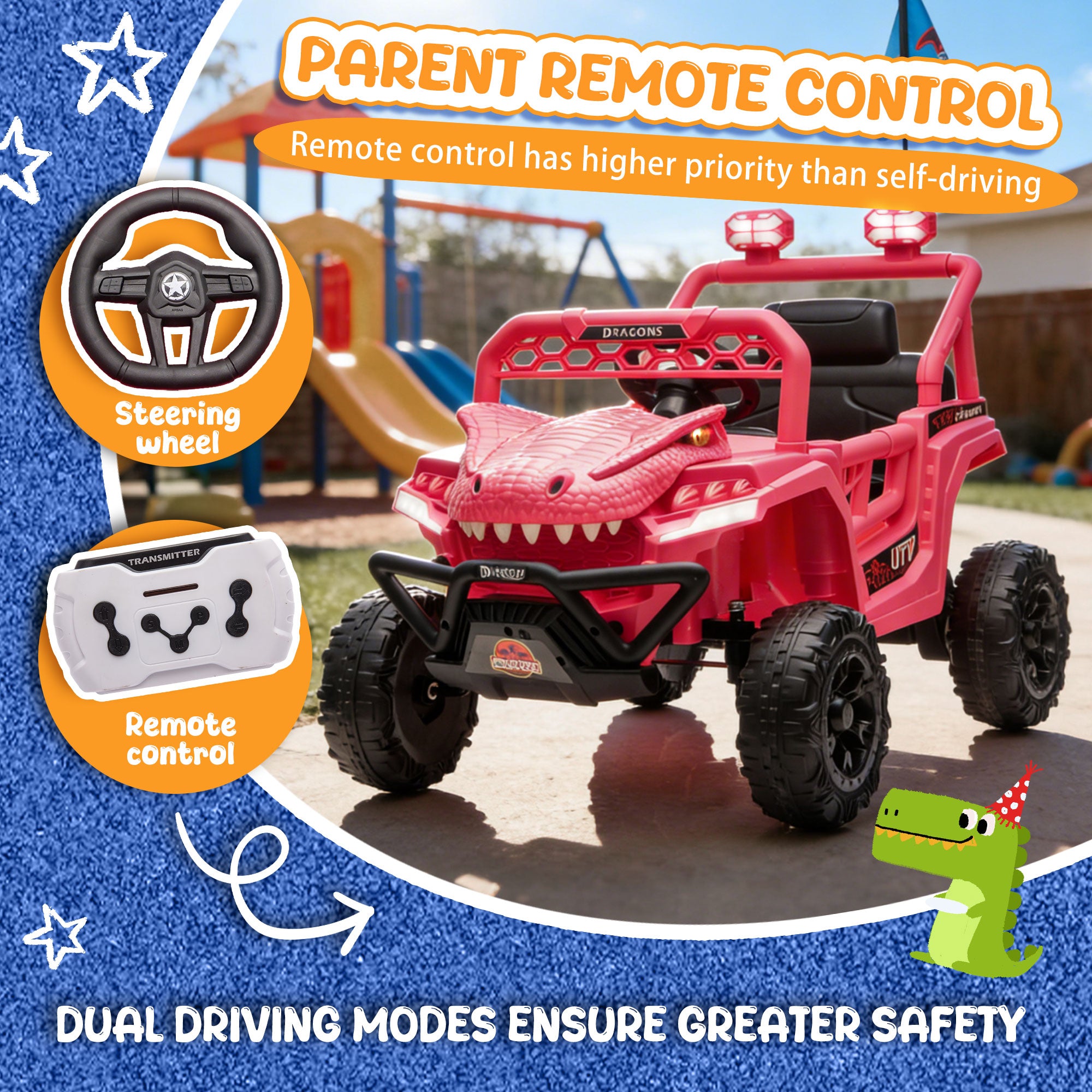 12V Ride On Cars for Kids, Kids Ride on Toys with Remote Control, Dinosaur Kids UTV Cars, 4 Wheel Suspension Electric Vehicle with Bluetooth, Music, LED, Ideal Gift for Boys Girls 2-4