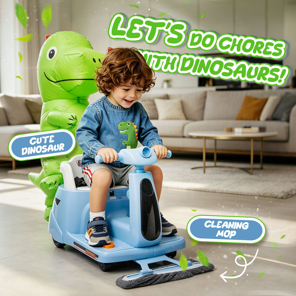 12V Ride On Car with Inflatable Character, Powered Ride On Toys with Cleaning Fun, Detachable Mop, Silent TPE Wheels, Bluetooth, Indoor & Outdoor Car for Kids Ages 3-5