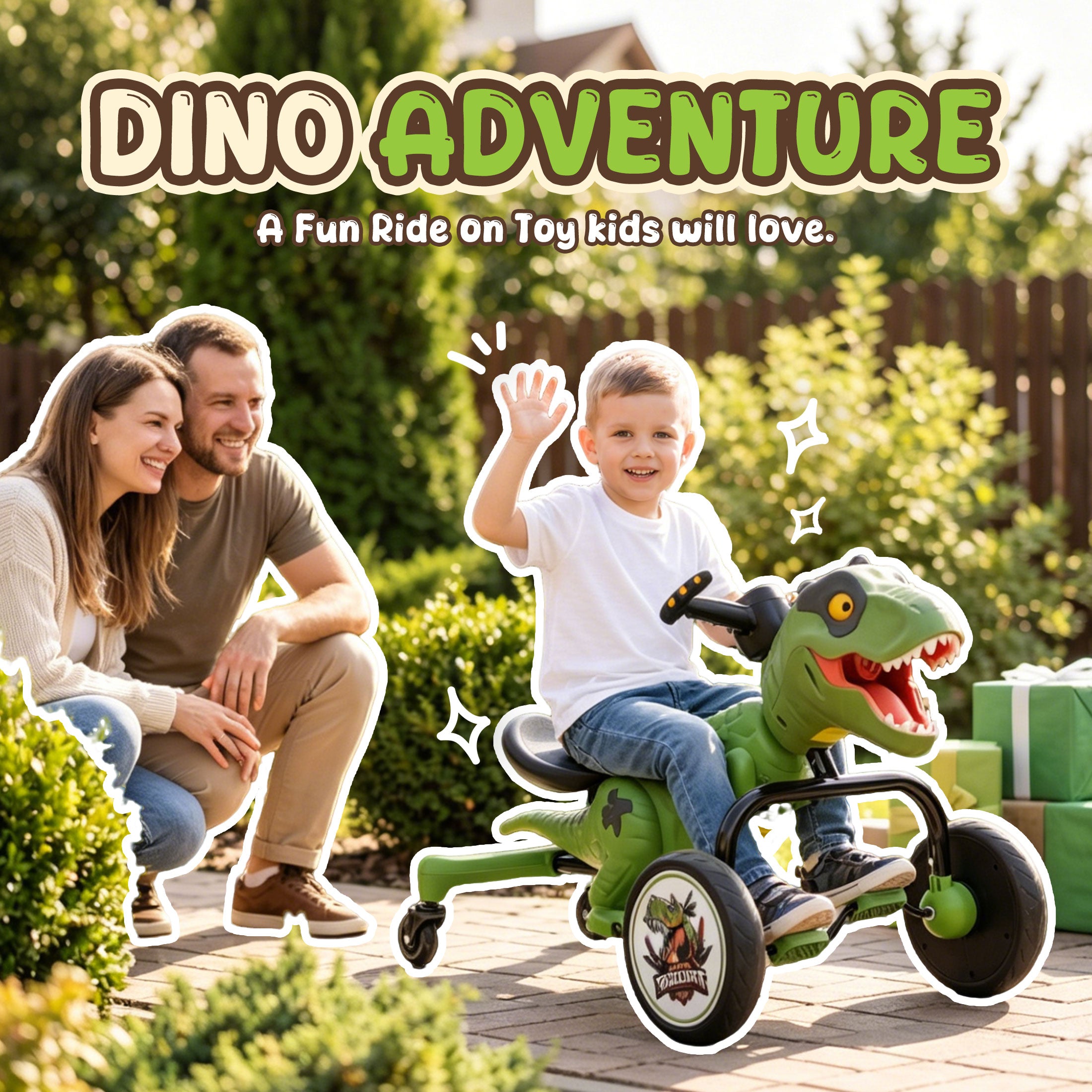 KEEPSUN Drift Tricycle for Kids, 4-Wheel Dinosaur Ride on Toy, Pedal Go Kart with Backrests, Anti-Rollover, Spray, Light, Roaring Sound, Gift for Boys Girls