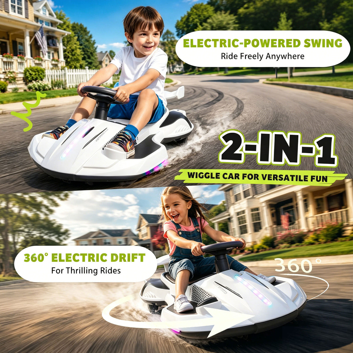 KEEPSUN 12V Electric Wiggle Car for Kids, 2 in 1 Swing Ride on Toy, Drift Car with Spray, Flashing 360° Swivel Wheels, Music, Bluetooth, Anti-Rollover, Gift for Boys Girls Ages 3-8 - White