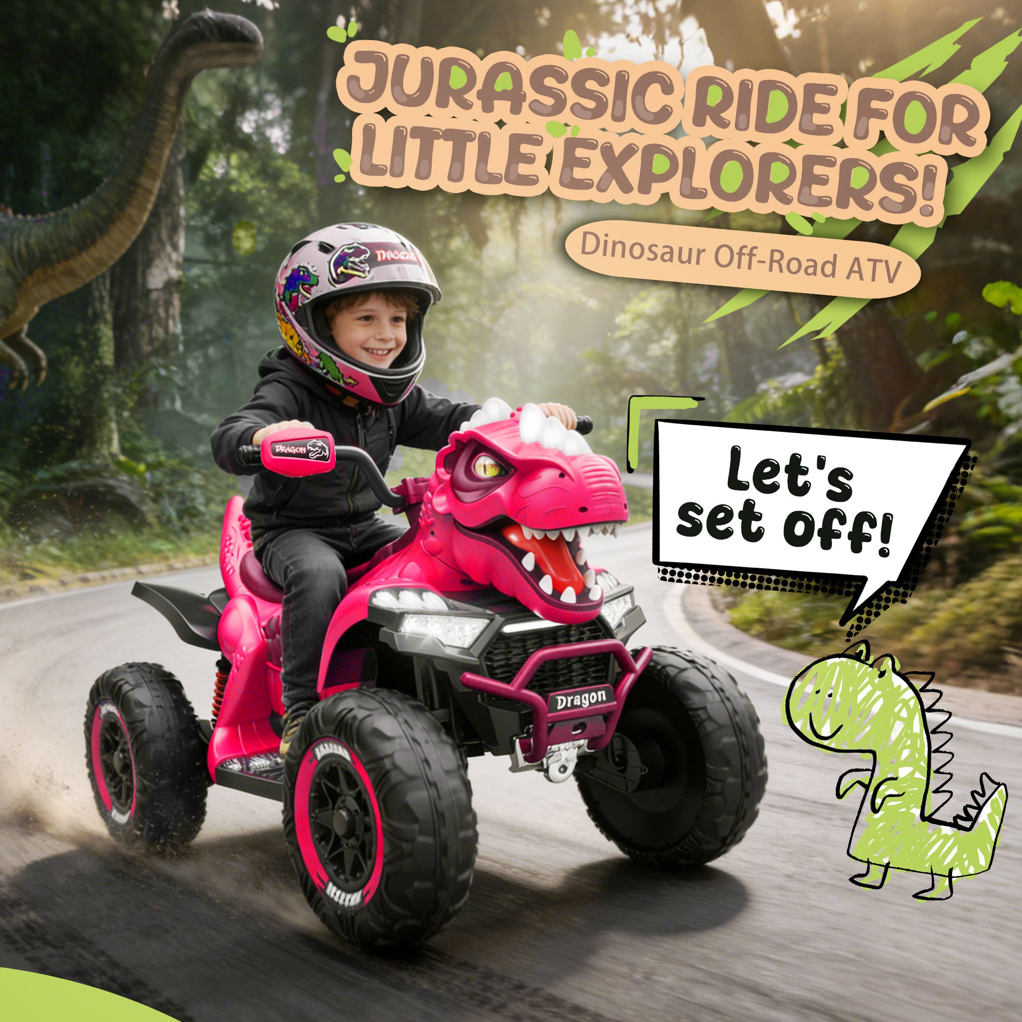 KEEPSUN 12V Ride on Toy for Kids, Dinosaur Ride on Car w/ Remote Control, 2-Seater 4 wheeler Kids ATV Quad with 100W*2 Motors, Bluetooth, Spring Suspension, Music, Cool Lights, Pink