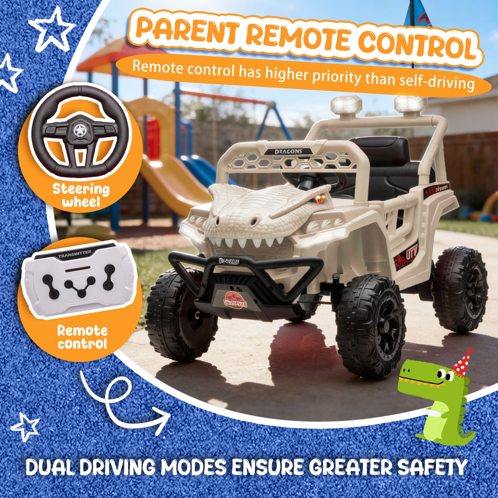12V Ride On Cars for Kids, Kids Ride on Toys with Remote Control, Dinosaur Kids UTV Cars, 4 Wheel Suspension Electric Vehicle with Bluetooth, Music, LED, Ideal Gift for Boys Girls 2-4
