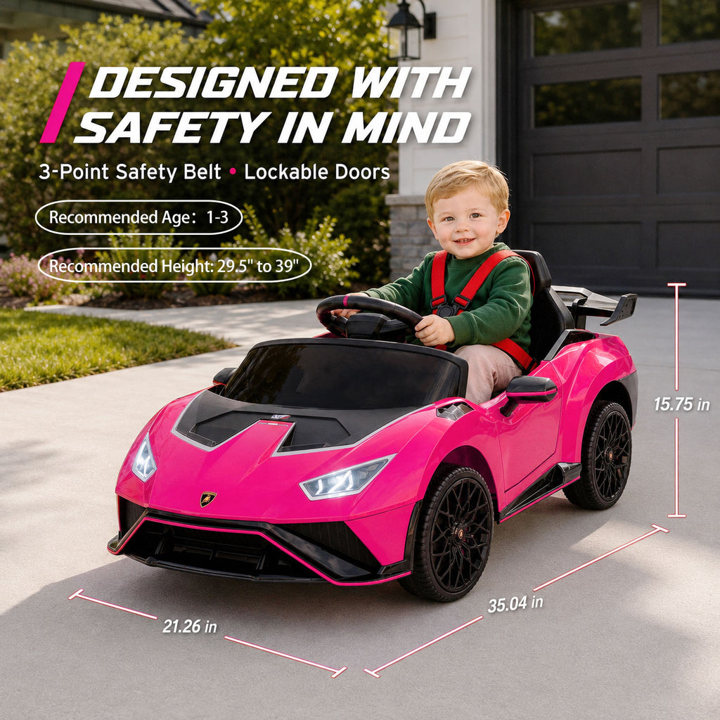 KEEPSUN 12V Ride On Toys for Kids, Licensed Lamborghini Ride On Car w/Remote Control, 3-Speed, Bluetooth & Music, Electric Car for Toddler Ages 2-4, Ideal Gift for Boys Girls - Pink