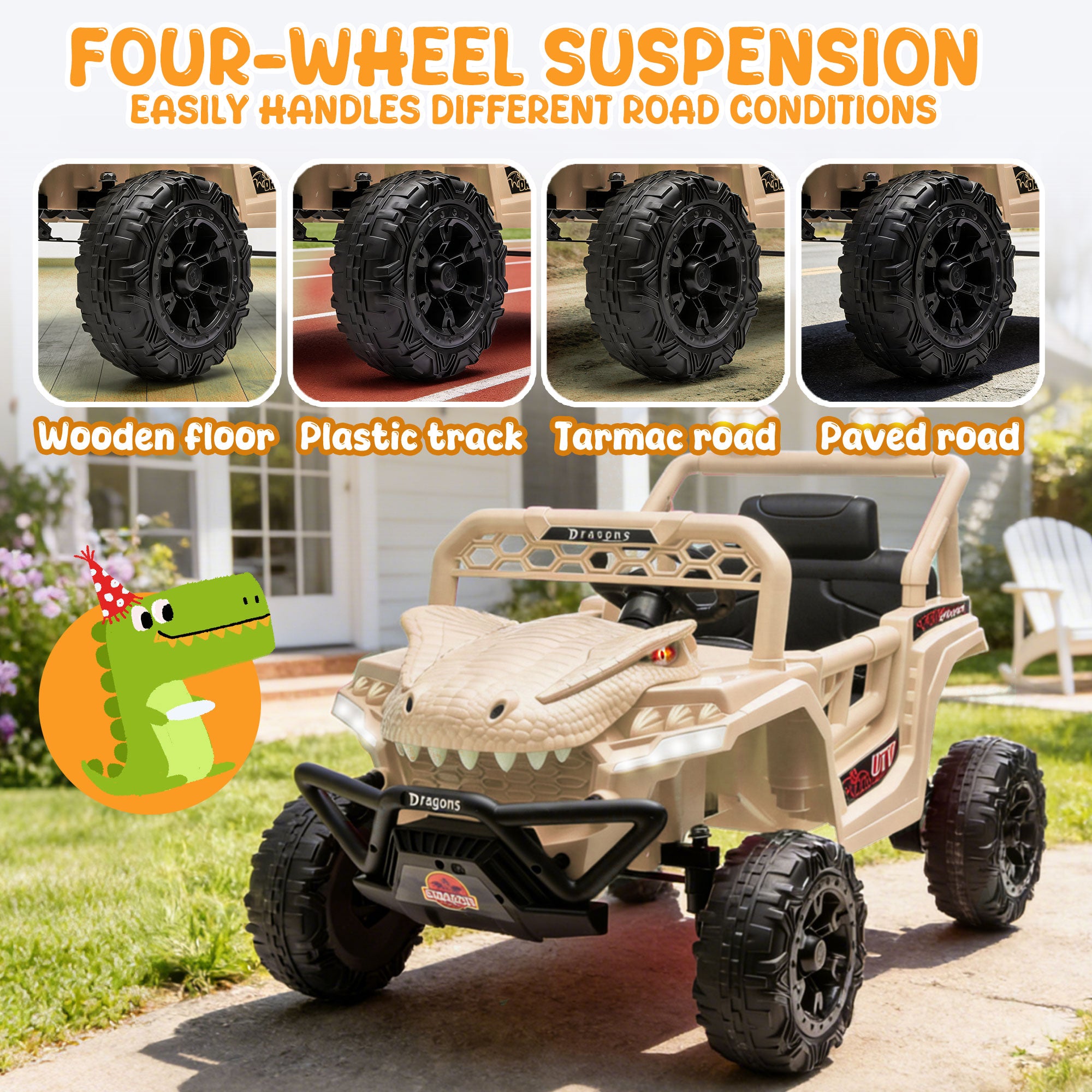 12V Ride On Cars for Kids, Kids Ride on Toys with Remote Control, Dinosaur Kids UTV Cars, 4 Wheel Suspension Electric Vehicle with Bluetooth, Music, LED, Ideal Gift for Boys Girls 2-4