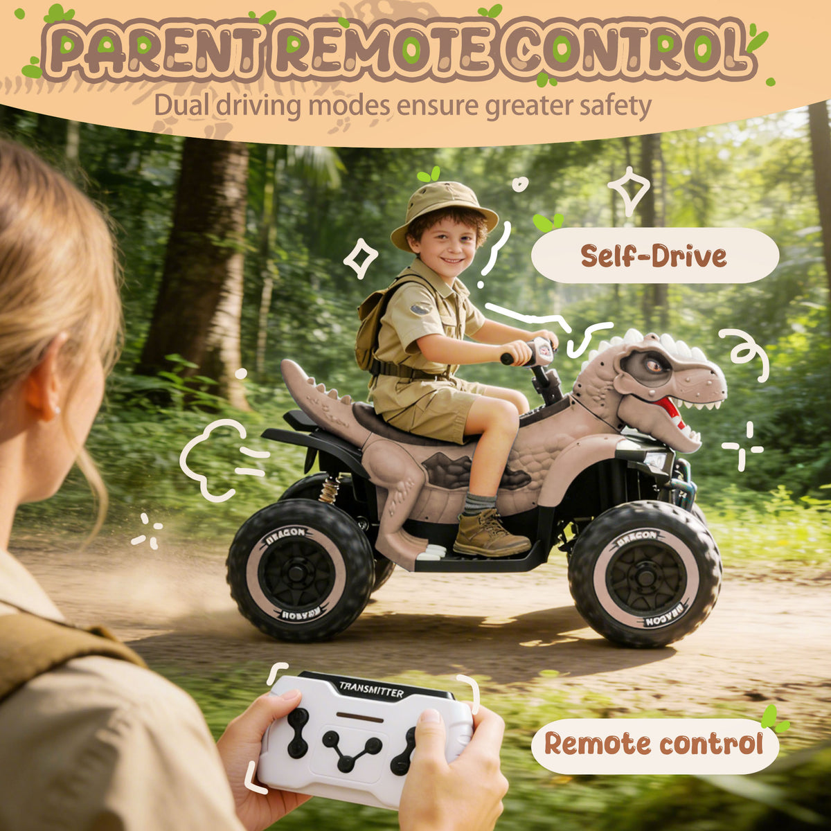 24V Dinosaur Ride on Toy, 2-Seater Powered Ride on Car w/Remote Control, Electric Kids ATV with 4-Wheel Suspension, Bluetooth, Music, Cool Lights, Gift for Boys Girls Aged 3-8 - Khaki