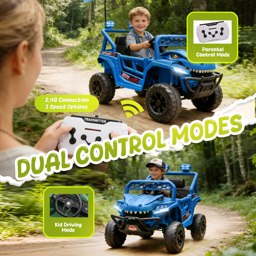 12V Ride On Cars for Kids, Kids Ride on Toys with Remote Control, Dinosaur Kids UTV Cars, 4 Wheel Suspension Electric Vehicle with Bluetooth, Music, LED, Ideal Gift for Boys Girls 2-4, Blue