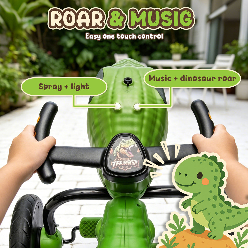KEEPSUN Drift Tricycle for Kids, 4-Wheel Dinosaur Ride on Toy, Pedal Go Kart with Backrests, Anti-Rollover, Spray, Light, Roaring Sound, Gift for Boys Girls