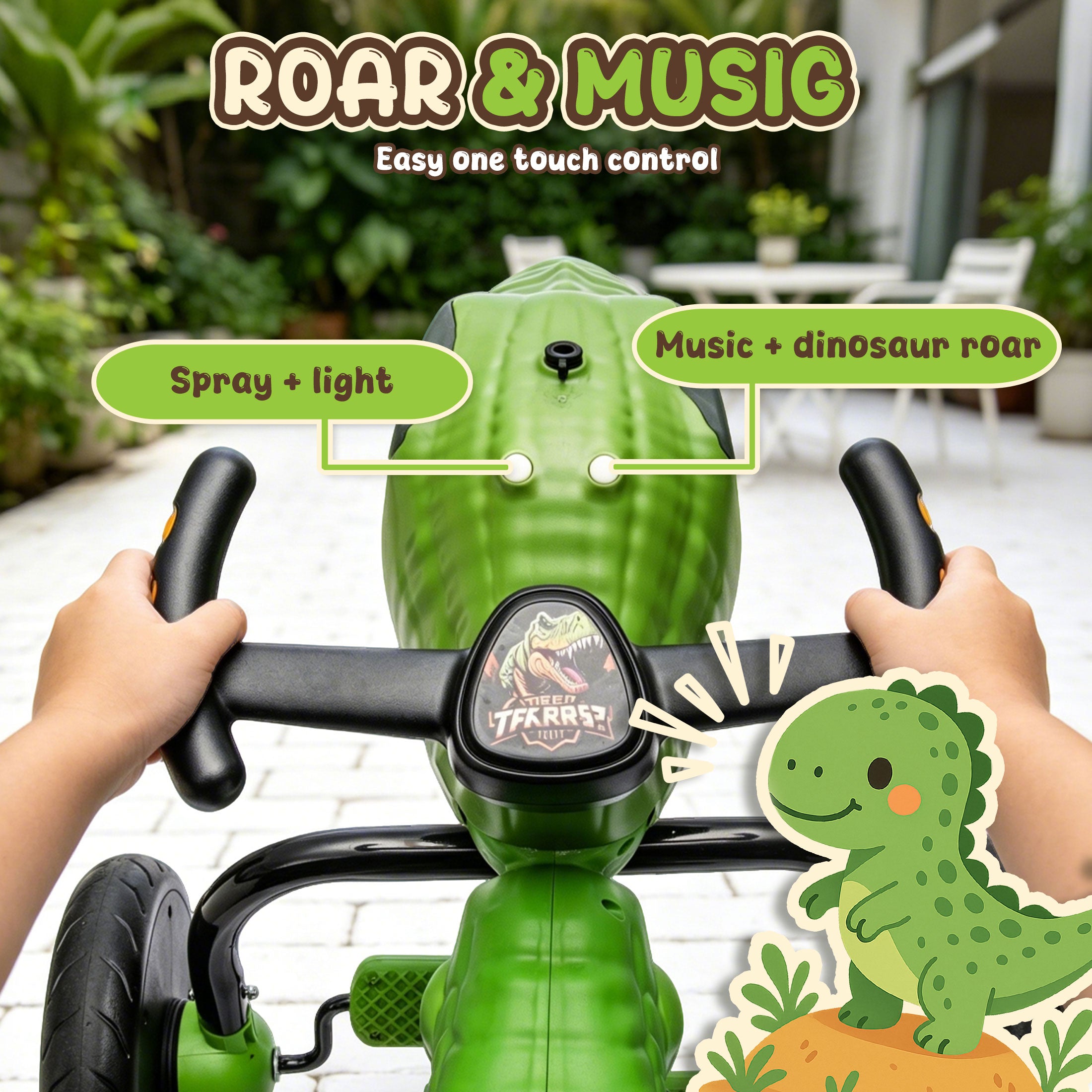 KEEPSUN Drift Tricycle for Kids, 4-Wheel Dinosaur Ride on Toy, Pedal Go Kart with Backrests, Anti-Rollover, Spray, Light, Roaring Sound, Gift for Boys Girls