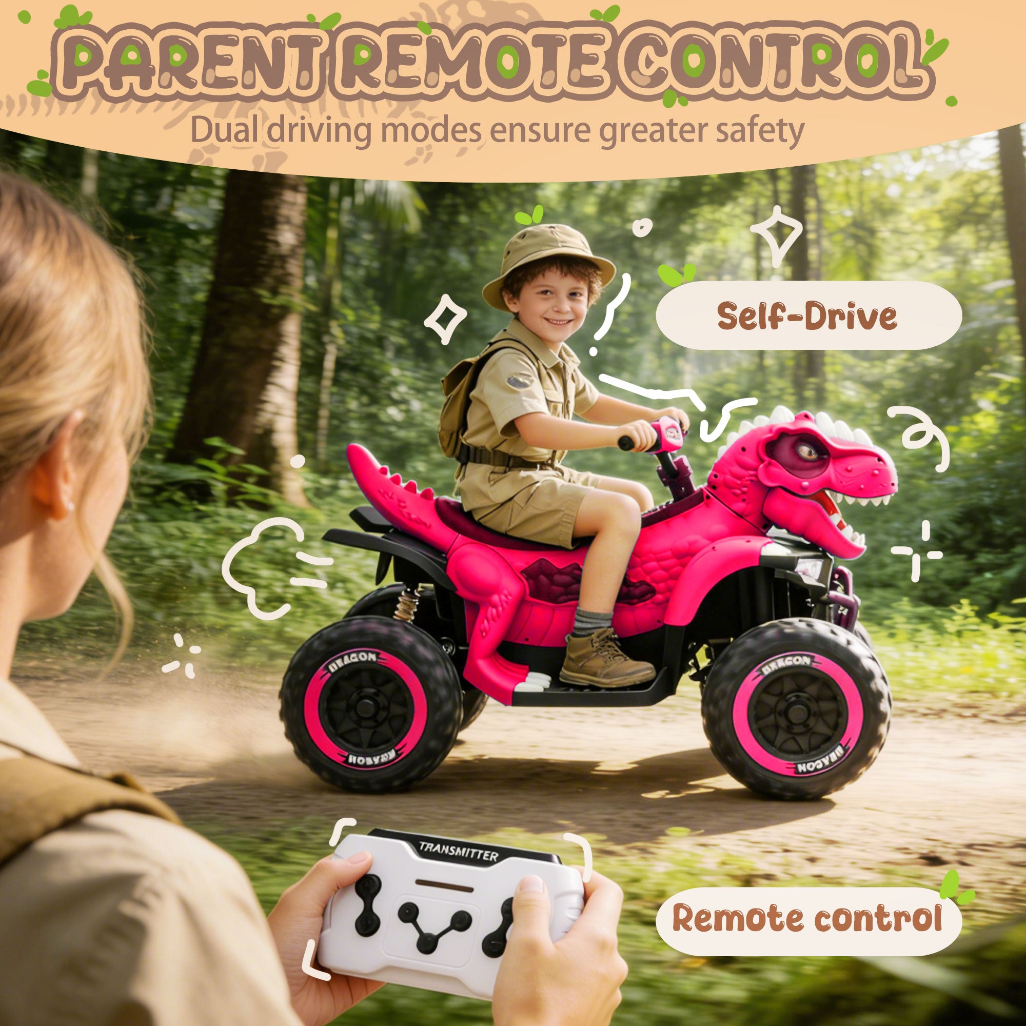 KEEPSUN 12V Ride on Toy for Kids, Dinosaur Ride on Car w/ Remote Control, 2-Seater 4 wheeler Kids ATV Quad with 100W*2 Motors, Bluetooth, Spring Suspension, Music, Cool Lights, Pink