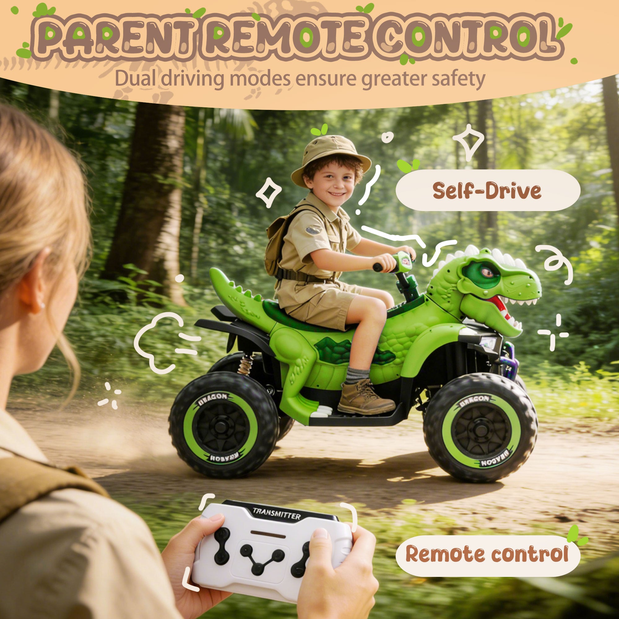 KEEPSUN 12V Ride on Toy for Kids, Dinosaur Ride on Car w/ Remote Control, 2-Seater 4 wheeler Kids ATV Quad with 100W*2 Motors, Bluetooth, Spring Suspension, Music, Cool Lights,Green