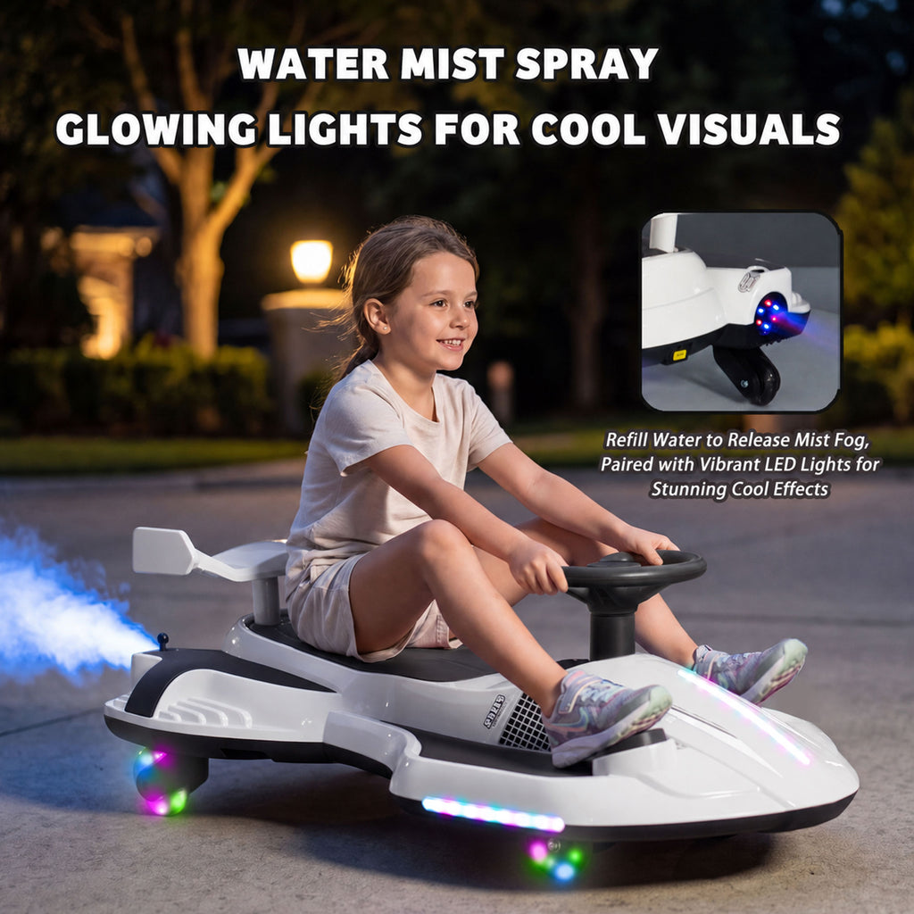 KEEPSUN 12V Electric Wiggle Car for Kids, 2 in 1 Swing Ride on Toy, Drift Car with Spray, Flashing 360° Swivel Wheels, Music, Bluetooth, Anti-Rollover, Gift for Boys Girls Ages 3-8 - White
