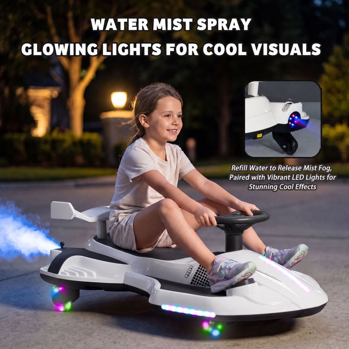 KEEPSUN 12V Electric Wiggle Car for Kids, 2 in 1 Swing Ride on Toy, Drift Car with Spray, Flashing 360° Swivel Wheels, Music, Bluetooth, Anti-Rollover, Gift for Boys Girls Ages 3-8 - White