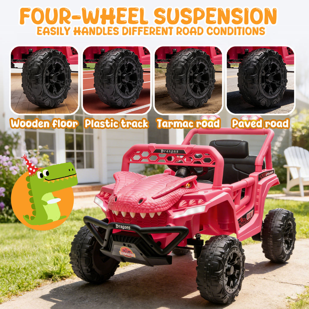 12V Ride On Cars for Kids, Kids Ride on Toys with Remote Control, Dinosaur Kids UTV Cars, 4 Wheel Suspension Electric Vehicle with Bluetooth, Music, LED, Ideal Gift for Boys Girls 2-4