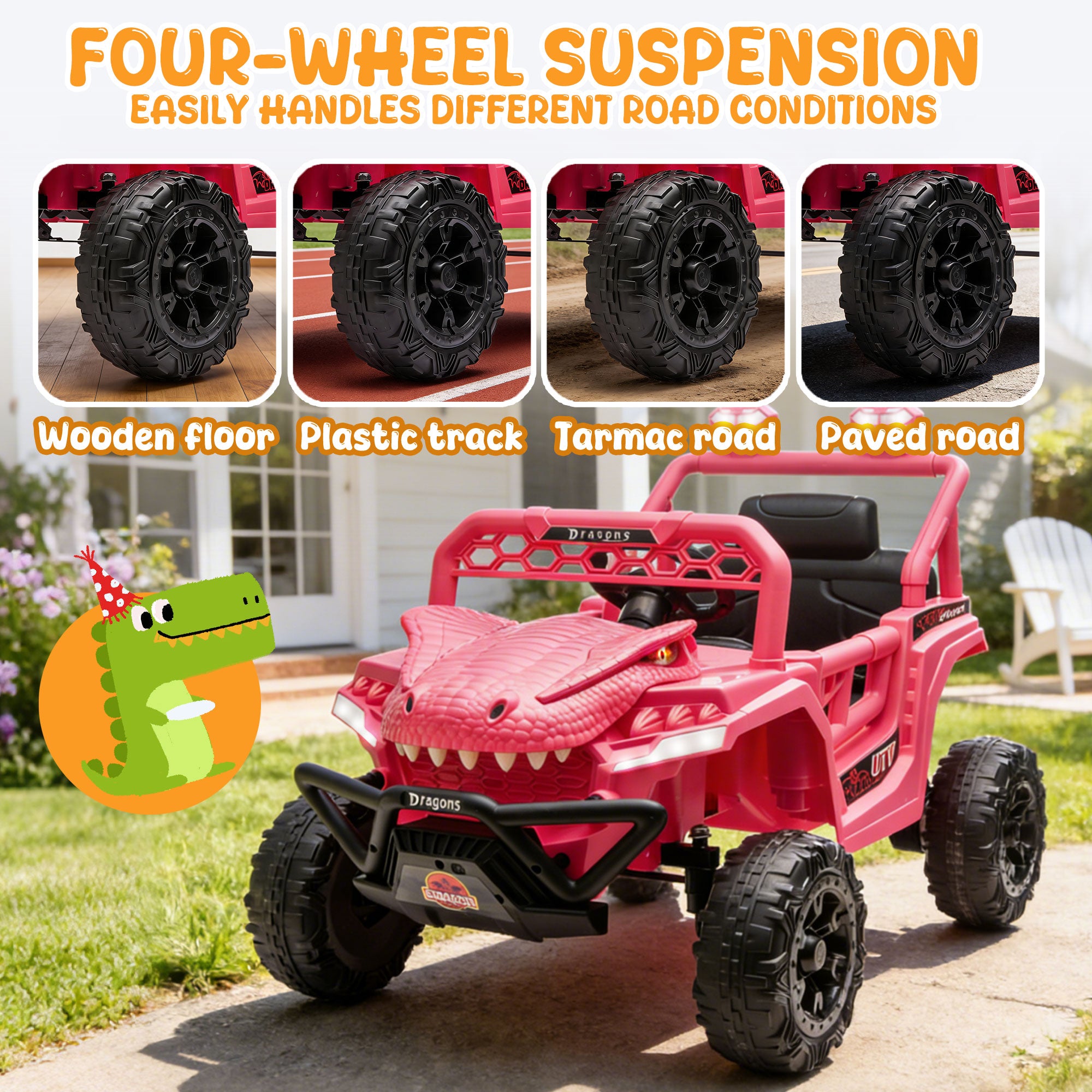12V Ride On Cars for Kids, Kids Ride on Toys with Remote Control, Dinosaur Kids UTV Cars, 4 Wheel Suspension Electric Vehicle with Bluetooth, Music, LED, Ideal Gift for Boys Girls 2-4