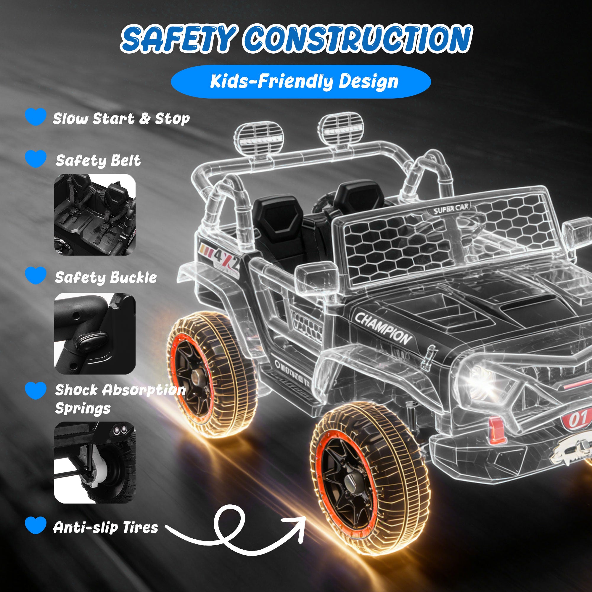 24V 2 Seater Ride On Toys for Kids, Ride On Car with Remote Control, Ride On Truck, 4-Wheel Suspension, Soft Start, Bluetooth, Led Lights, Electric Car for Kids Ages 3-8