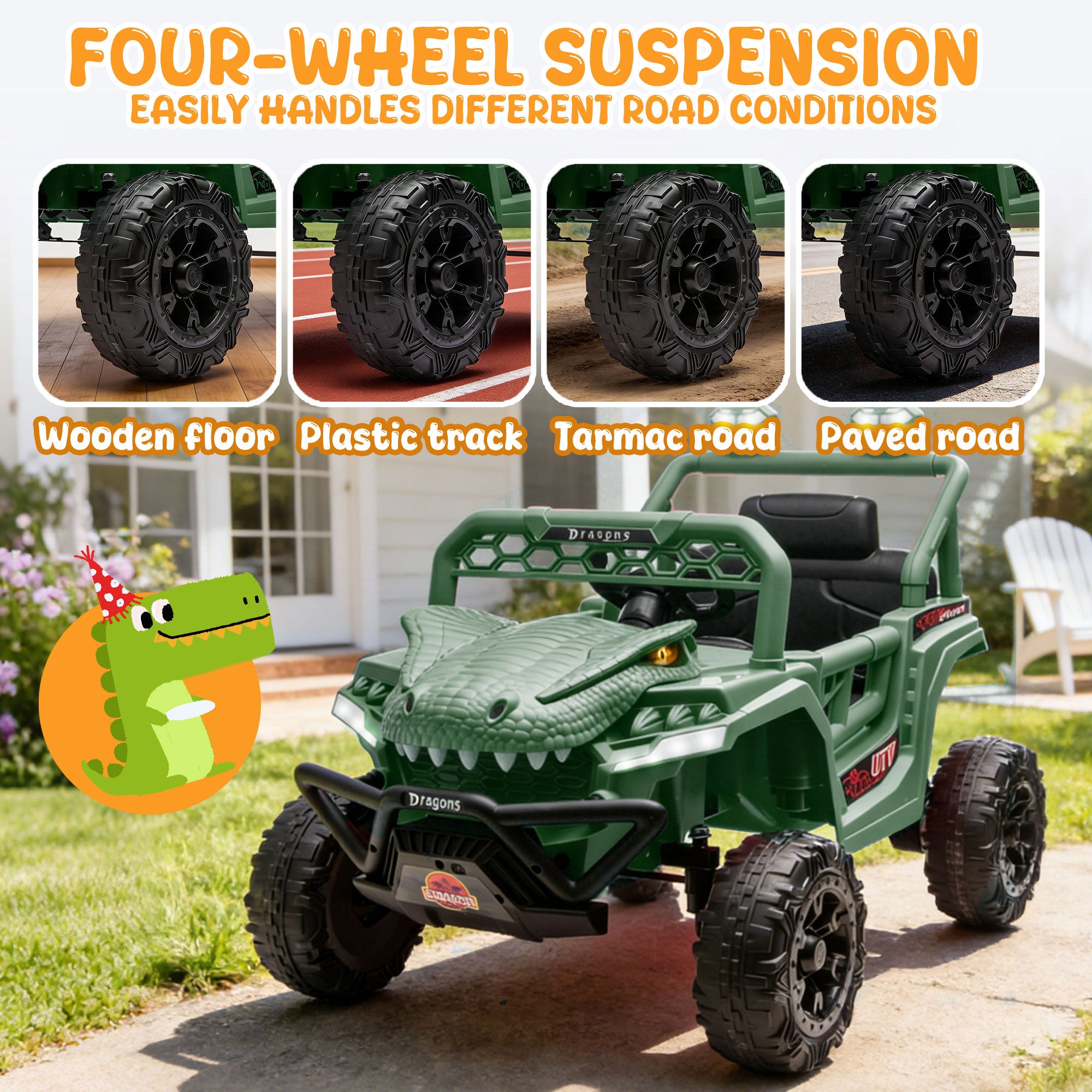 12V Ride On Cars for Kids, Kids Ride on Toys with Remote Control, Dinosaur Kids UTV Cars, 4 Wheel Suspension Electric Vehicle with Bluetooth, Music, LED, Ideal Gift for Boys Girls 2-4