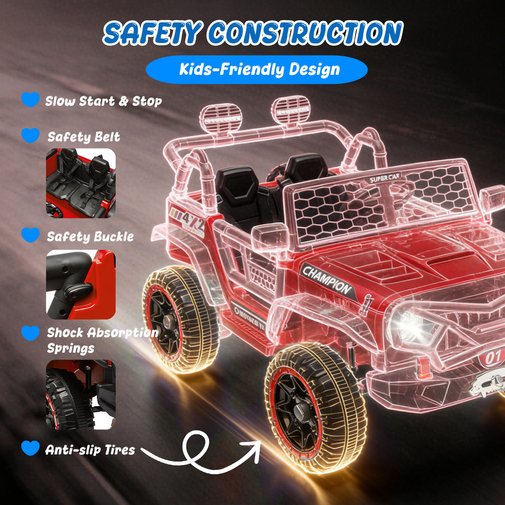 24V 2 Seater Ride On Toys for Kids, Ride On Car with Remote Control, Ride On Truck, 4-Wheel Suspension, Soft Start, Bluetooth, Led Lights, Electric Car for Kids Ages 3-8, Gift for Boys Girls - Red