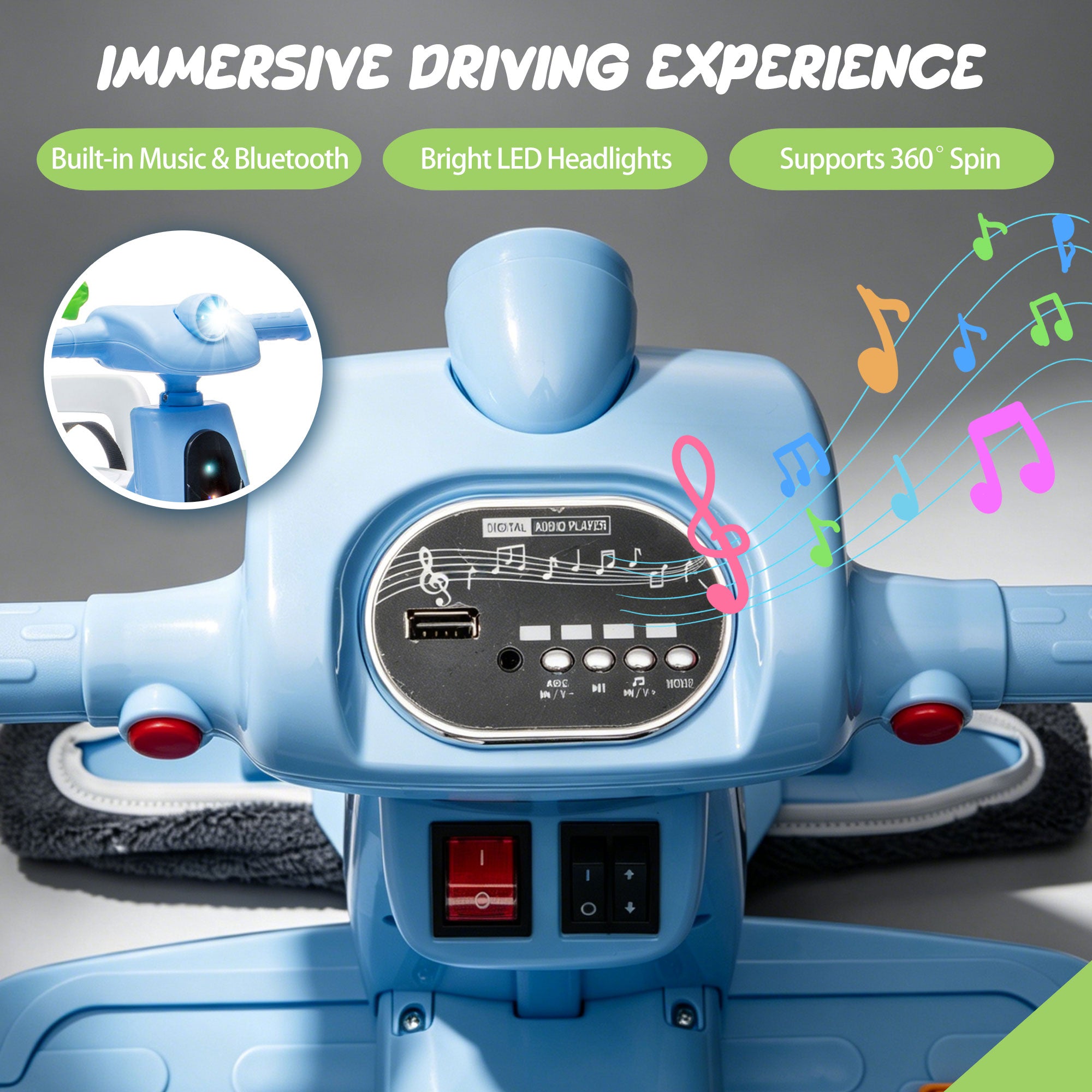12V Ride On Car with Inflatable Character, Powered Ride On Toys with Cleaning Fun, Detachable Mop, Silent TPE Wheels, Bluetooth, Indoor & Outdoor Car for Kids Ages 3-5