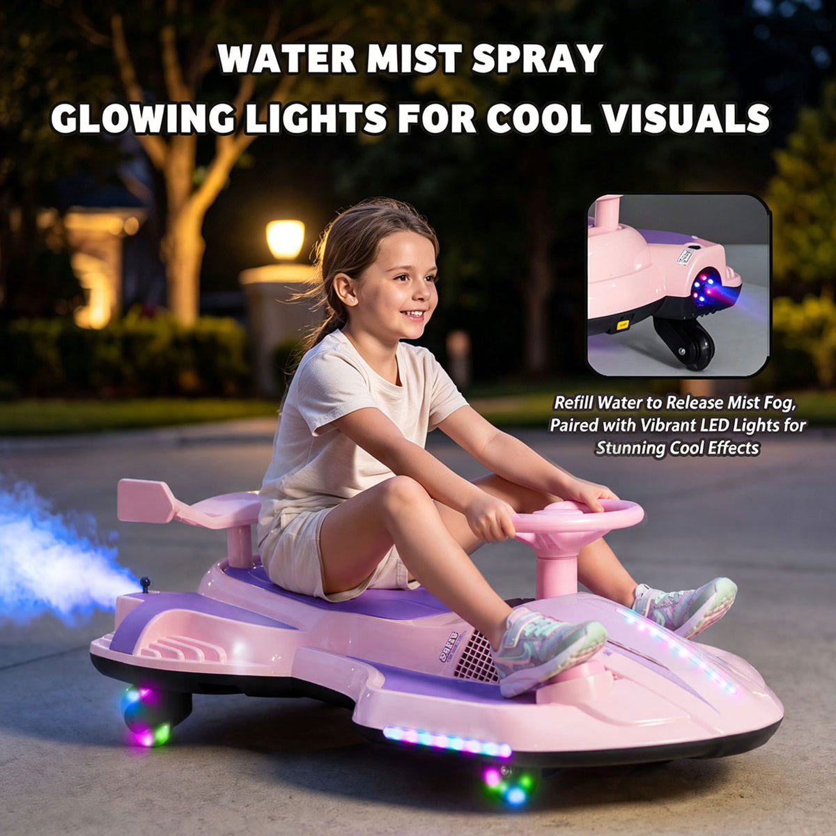 KEEPSUN 12V Electric Wiggle Car for Kids, 2 in 1 Swing Ride on Toy, Drift Car with Spray, Flashing 360° Swivel Wheels, Music, Bluetooth, Anti-Rollover, Gift for Boys Girls Ages 3-8 - Pink & Purple