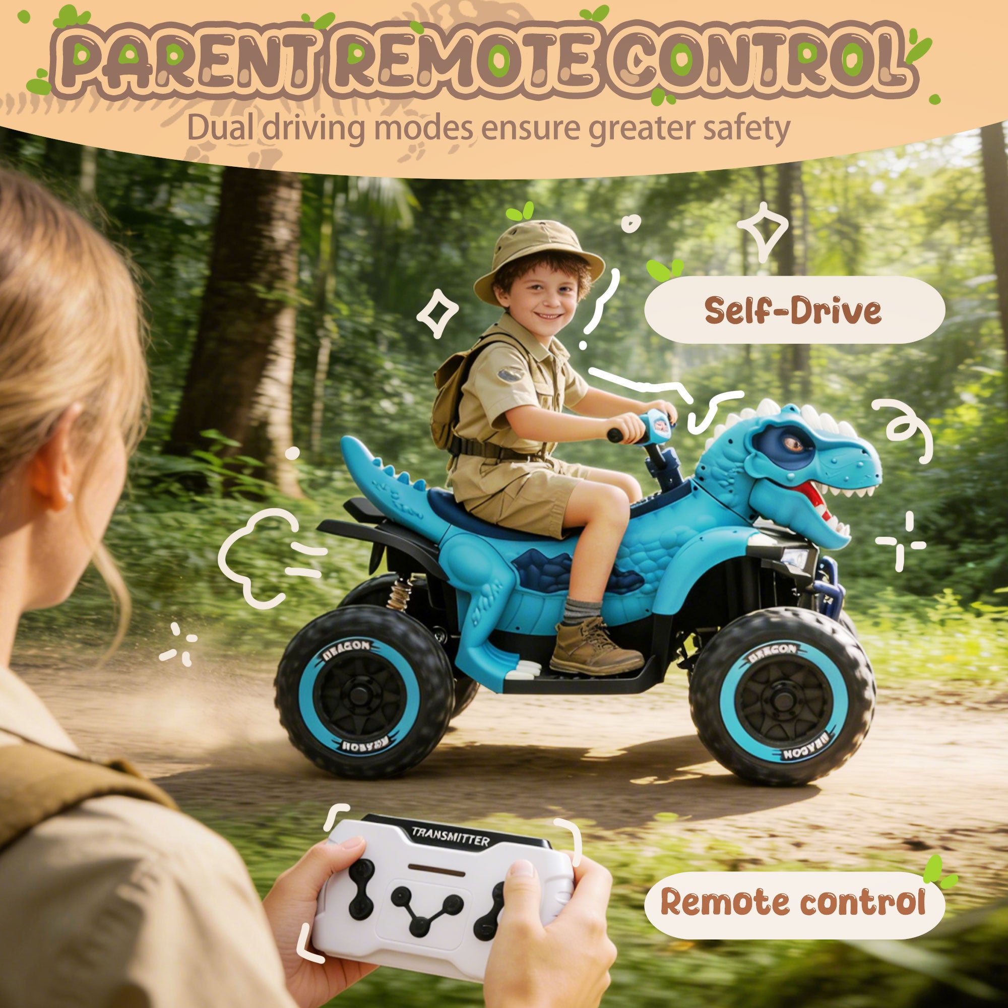 KEEPSUN 12V Ride on Toy for Kids, Dinosaur Ride on Car w/ Remote Control, 2-Seater 4 wheeler Kids ATV Quad with 100W*2 Motors, Bluetooth, Spring Suspension, Music, Cool Lights