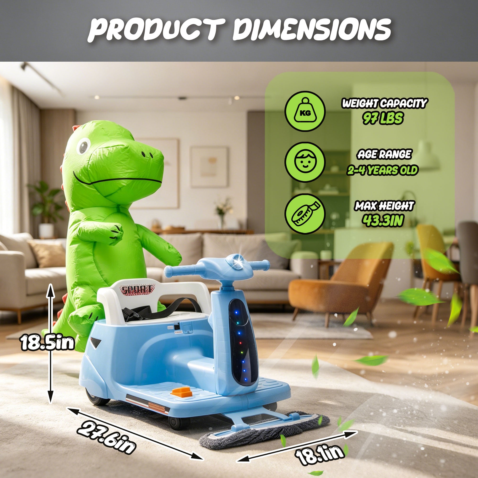 12V Ride On Car with Inflatable Character, Powered Ride On Toys with Cleaning Fun, Detachable Mop, Silent TPE Wheels, Bluetooth, Indoor & Outdoor Car for Kids Ages 3-5