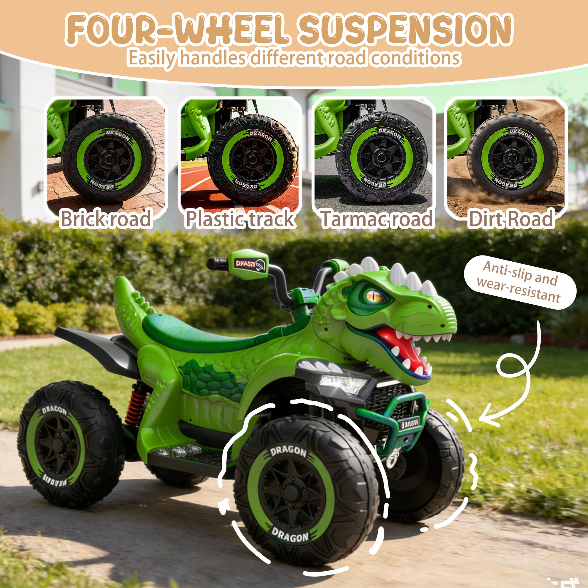 24V Dinosaur Ride on Toy, 2-Seater Powered Ride on Car w/Remote Control, Electric Kids ATV with 4-Wheel Suspension, Bluetooth, Music, Cool Lights, Gift for Boys Girls Aged 3-8