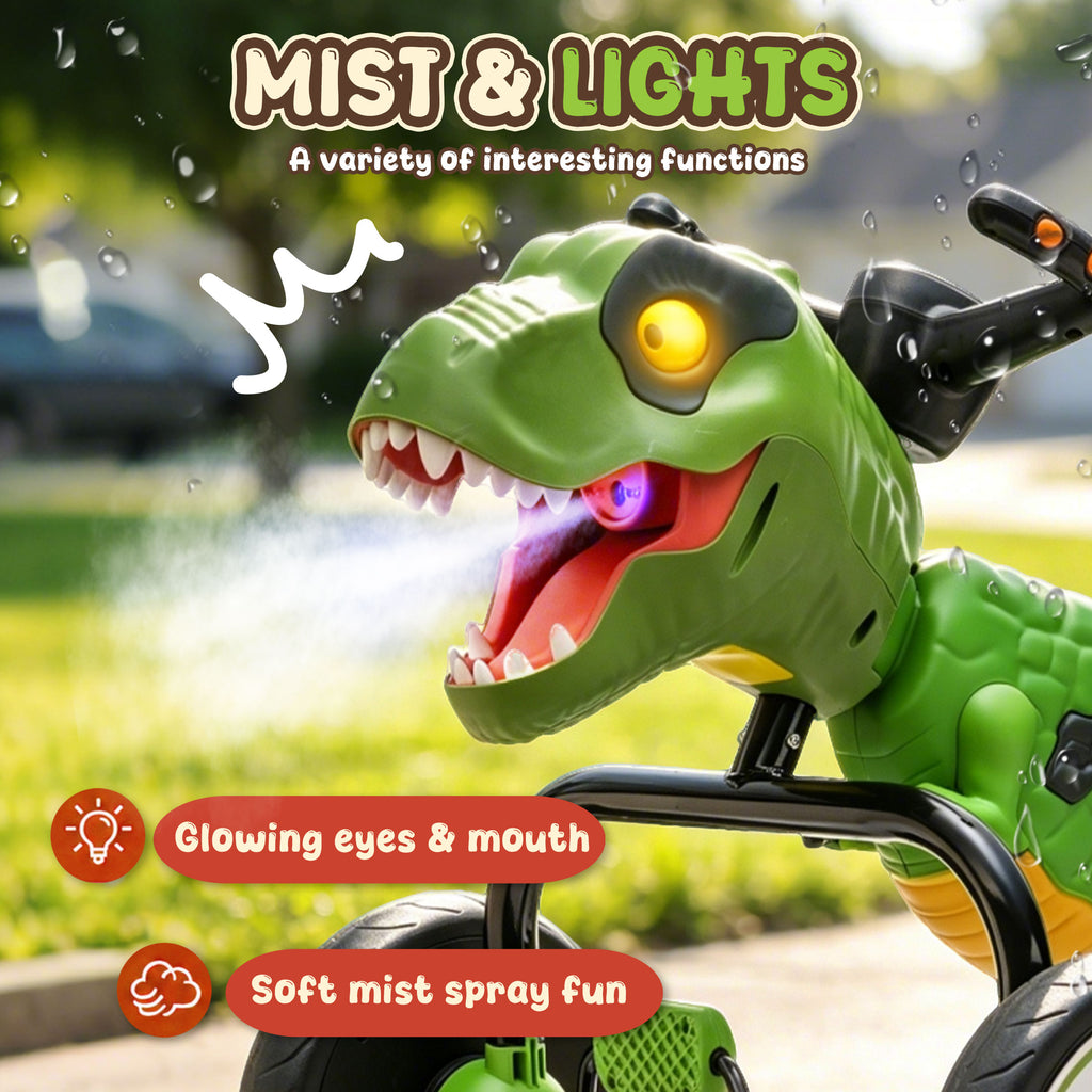 KEEPSUN Drift Tricycle for Kids, 4-Wheel Dinosaur Ride on Toy, Pedal Go Kart with Backrests, Anti-Rollover, Spray, Light, Roaring Sound, Gift for Boys Girls