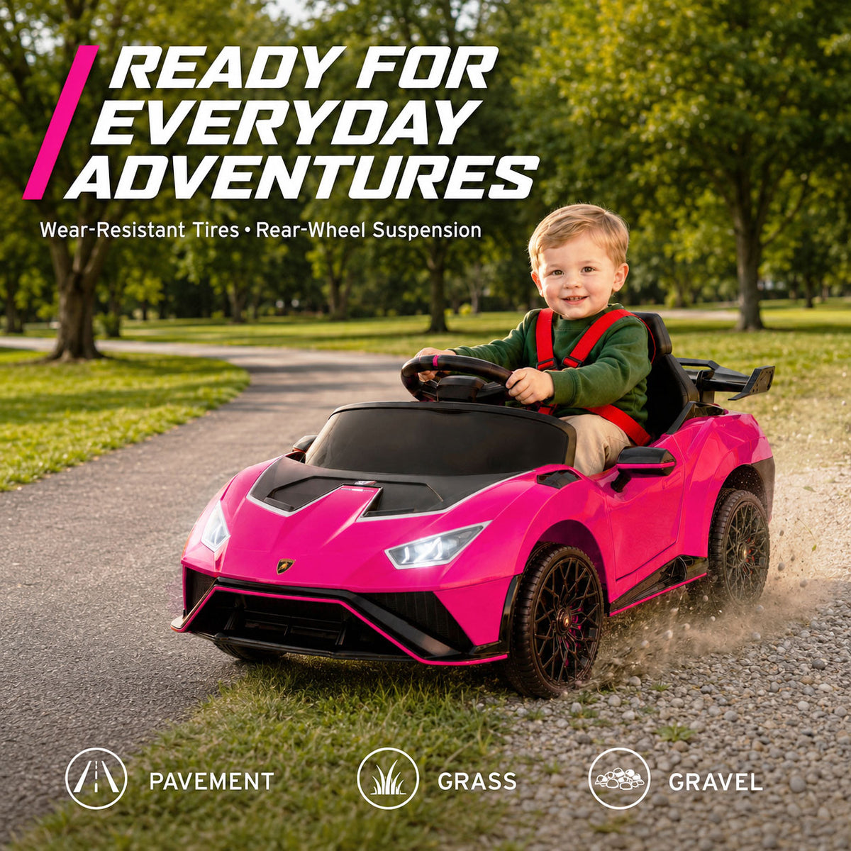 KEEPSUN 12V Ride On Toys for Kids, Licensed Lamborghini Ride On Car w/Remote Control, 3-Speed, Bluetooth & Music, Electric Car for Toddler Ages 2-4, Ideal Gift for Boys Girls - Pink