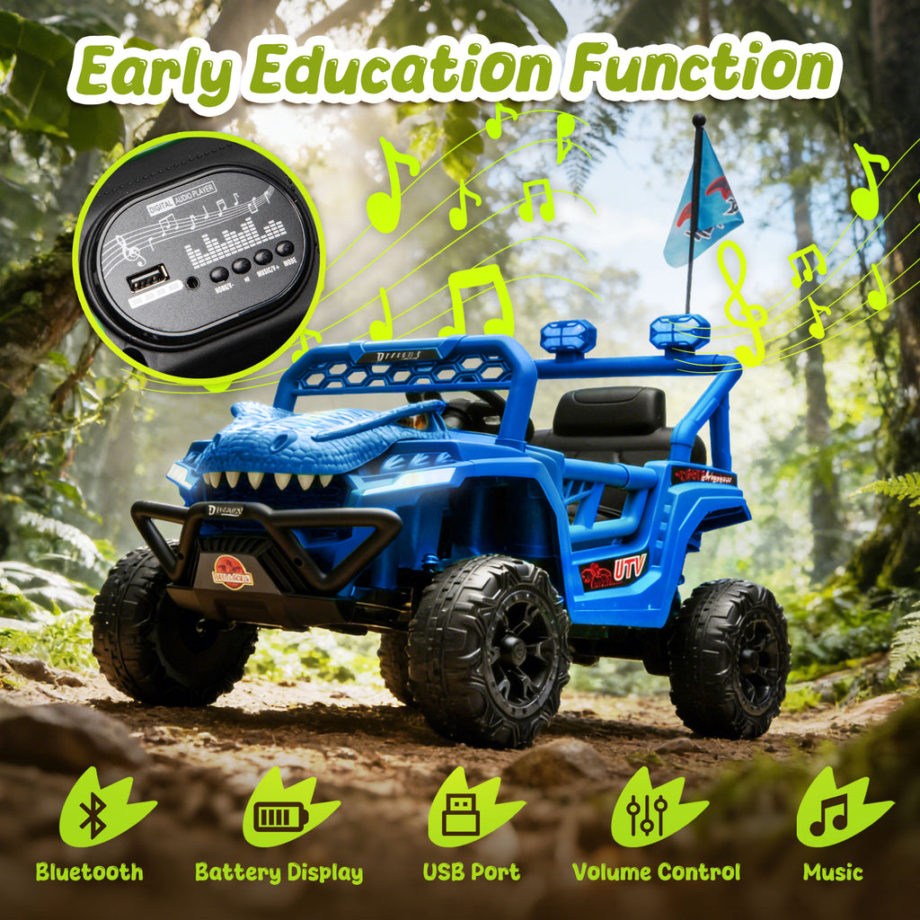 12V Ride On Cars for Kids, Kids Ride on Toys with Remote Control, Dinosaur Kids UTV Cars, 4 Wheel Suspension Electric Vehicle with Bluetooth, Music, LED, Ideal Gift for Boys Girls 2-4, Blue