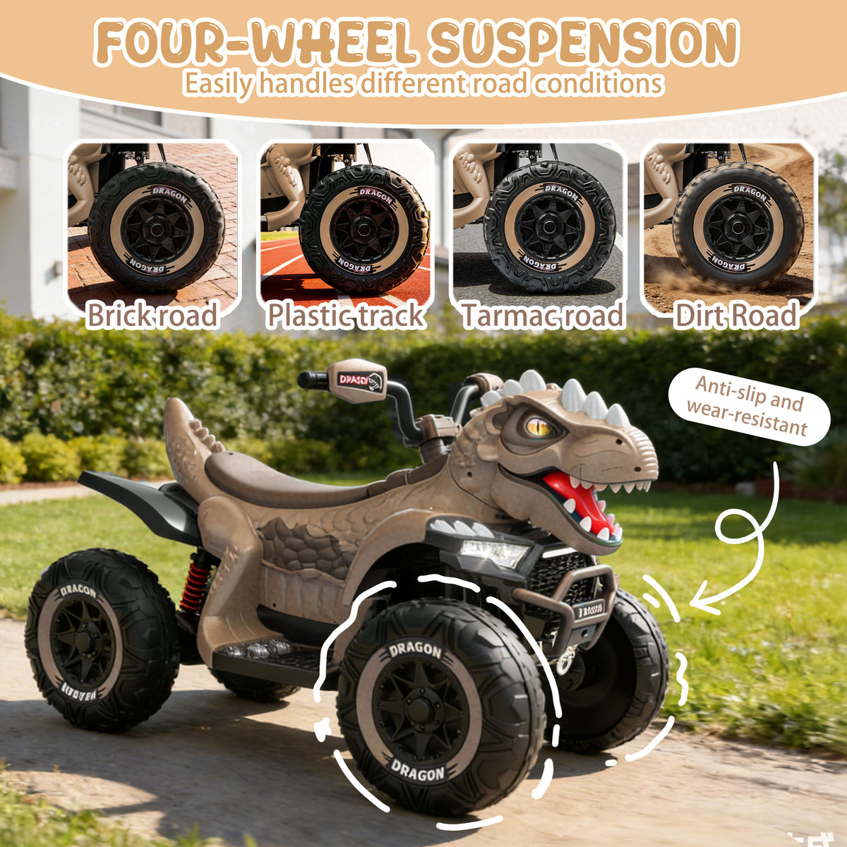 24V Dinosaur Ride on Toy, 2-Seater Powered Ride on Car w/Remote Control, Electric Kids ATV with 4-Wheel Suspension, Bluetooth, Music, Cool Lights, Gift for Boys Girls Aged 3-8 - Khaki