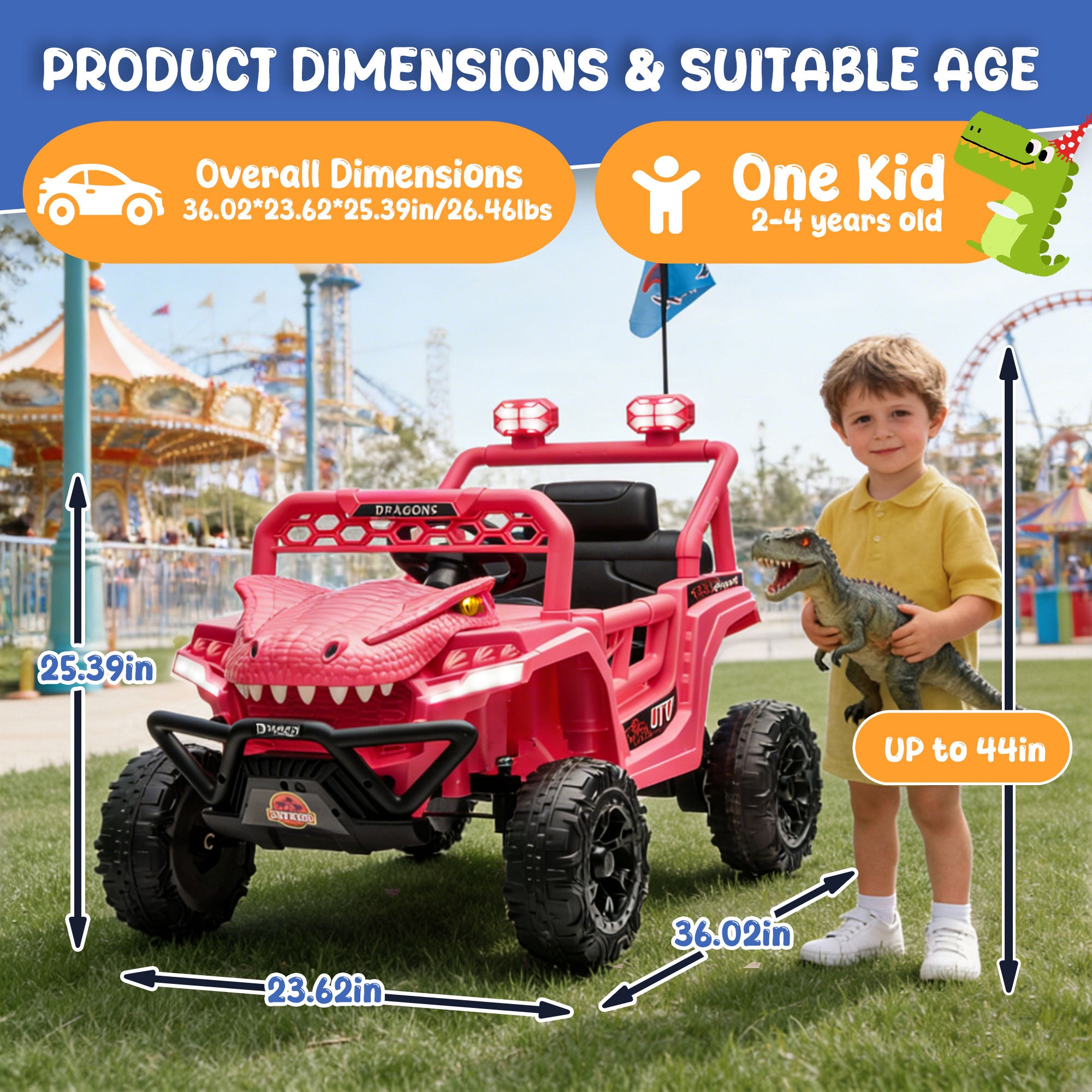 12V Ride On Cars for Kids, Kids Ride on Toys with Remote Control, Dinosaur Kids UTV Cars, 4 Wheel Suspension Electric Vehicle with Bluetooth, Music, LED, Ideal Gift for Boys Girls 2-4