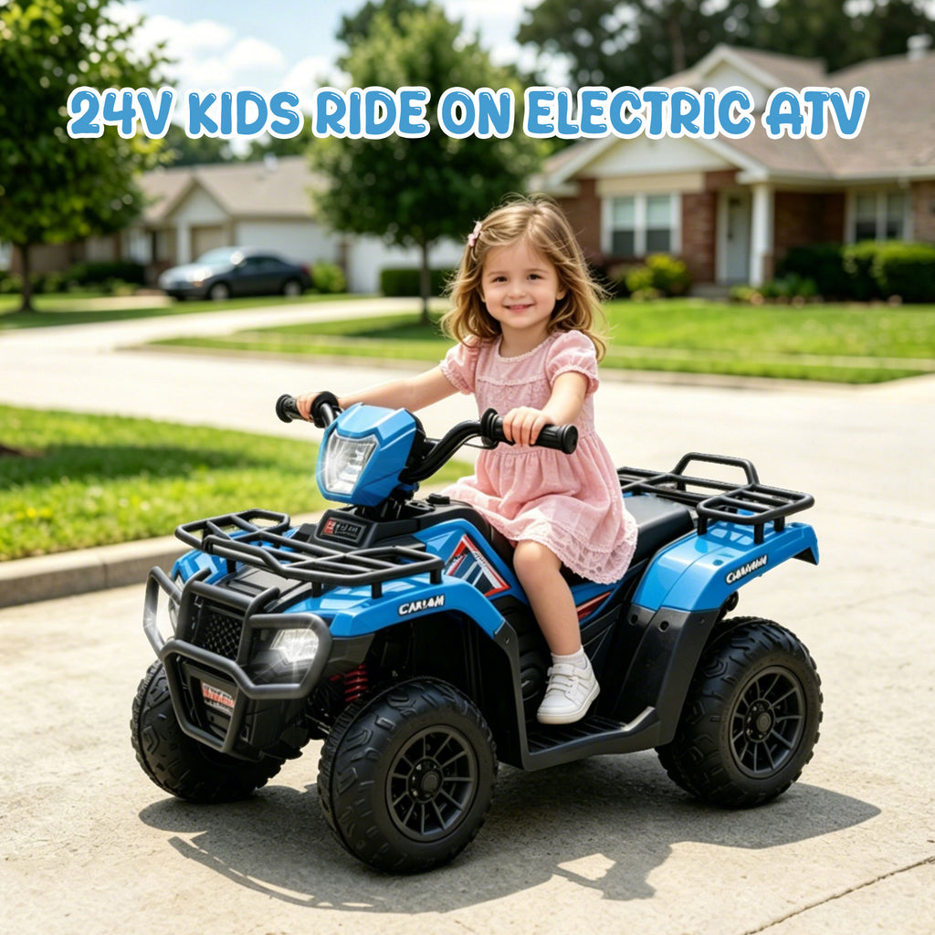 KEEPSUN 24V Kids ATV, Ride on Toys for Toddlers, 4 Wheeler Electric Quad with Bluetooth, Music, Spring Suspension, LED Lights, 2 Storage Racks, Ride On Car for Boys Girls Gift