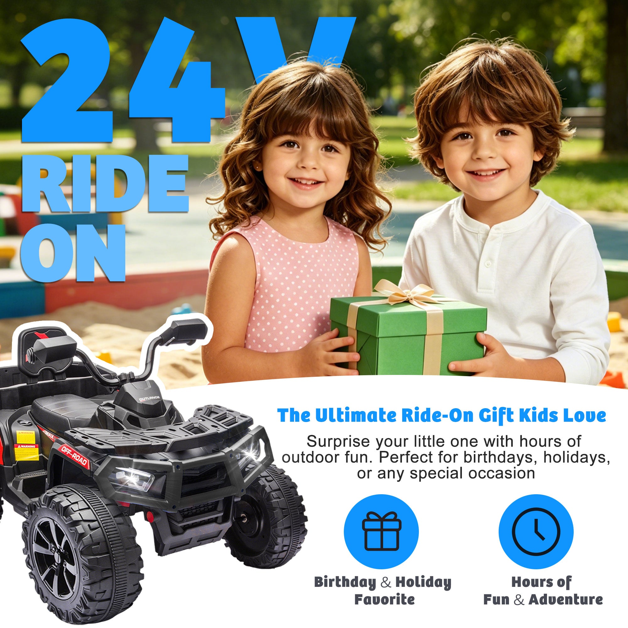 24V Ride on ATV Toys, Real 2 Seater Kids ATV with 200W*2 Power Motor, Electric Car w/ 6-Wheeler Suspension, Extra Large Rear Storage Bucket, Waterproof Panel w/ Bluetooth, Music, Led Lights