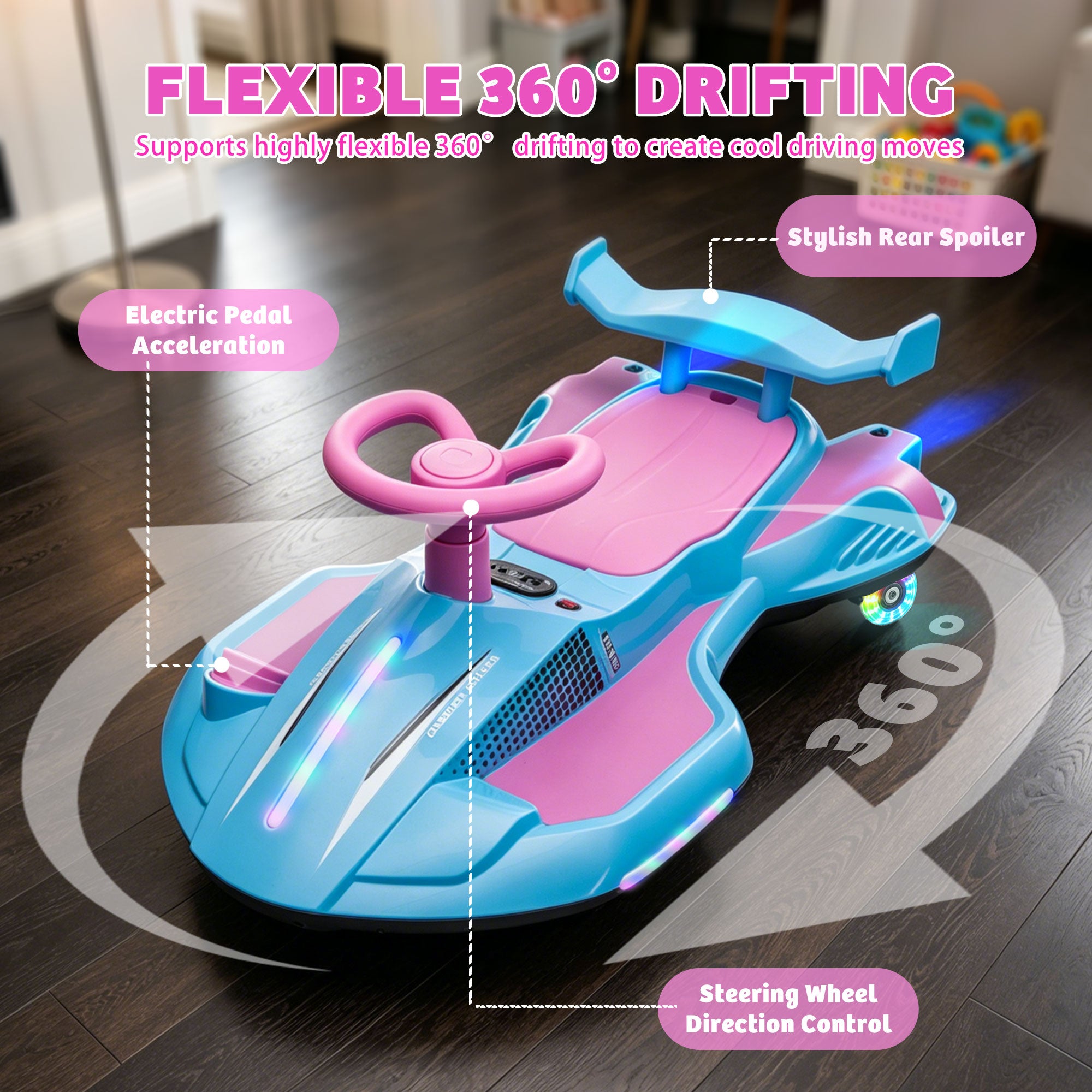 KEEPSUN 12V Electric Wiggle Car for Kids, 2 in 1 Swing Ride on Toy, Drift Car with Spray, Lights, Music, Bluetooth, Anti-Rollover, Gift for Boys Girls Ages 3 and Up