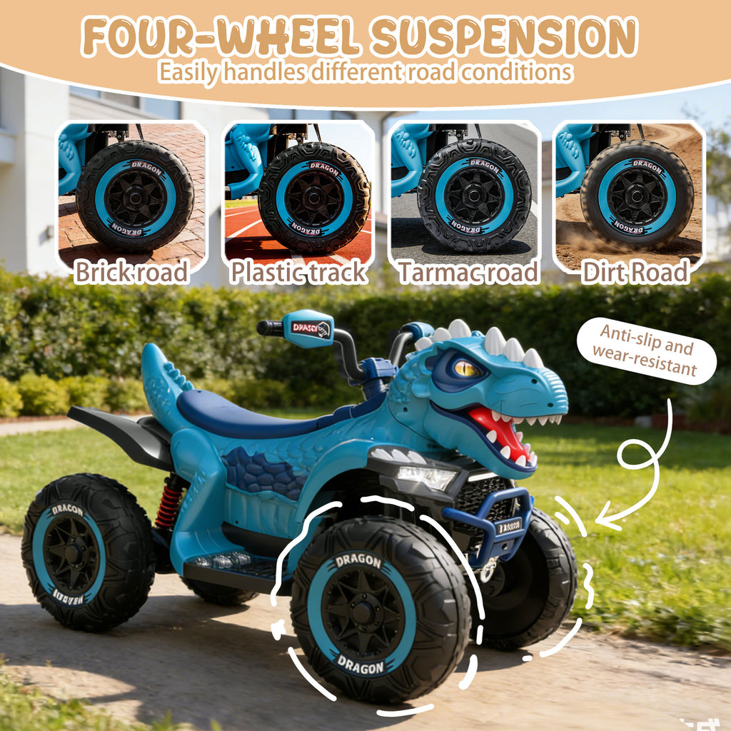 KEEPSUN 12V Ride on Toy for Kids, Dinosaur Ride on Car w/ Remote Control, 2-Seater 4 wheeler Kids ATV Quad with 100W*2 Motors, Bluetooth, Spring Suspension, Music, Cool Lights