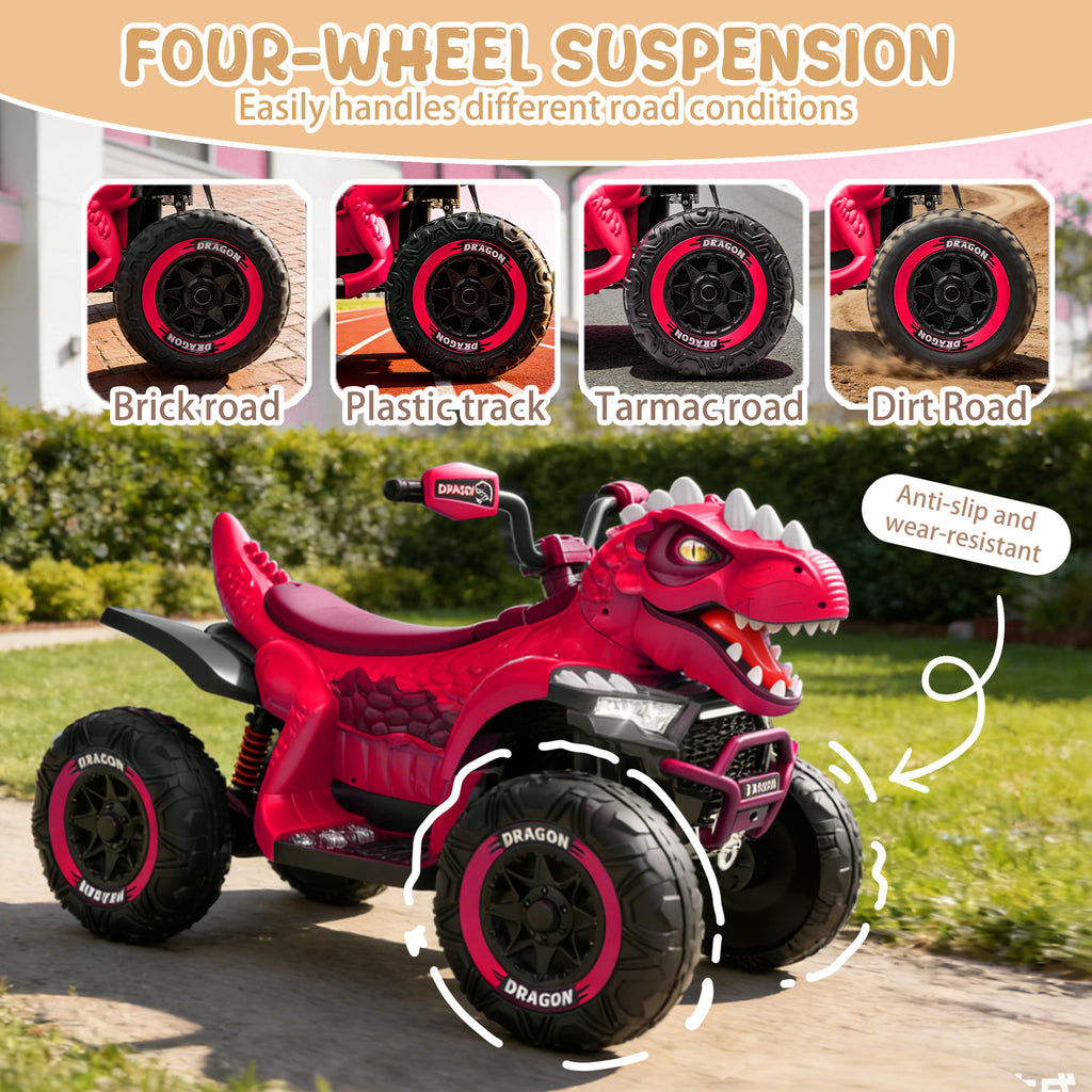 KEEPSUN 12V Ride on Toy for Kids, Dinosaur Ride on Car w/ Remote Control, 2-Seater 4 wheeler Kids ATV Quad with 100W*2 Motors, Bluetooth, Spring Suspension, Music, Cool Lights, Pink