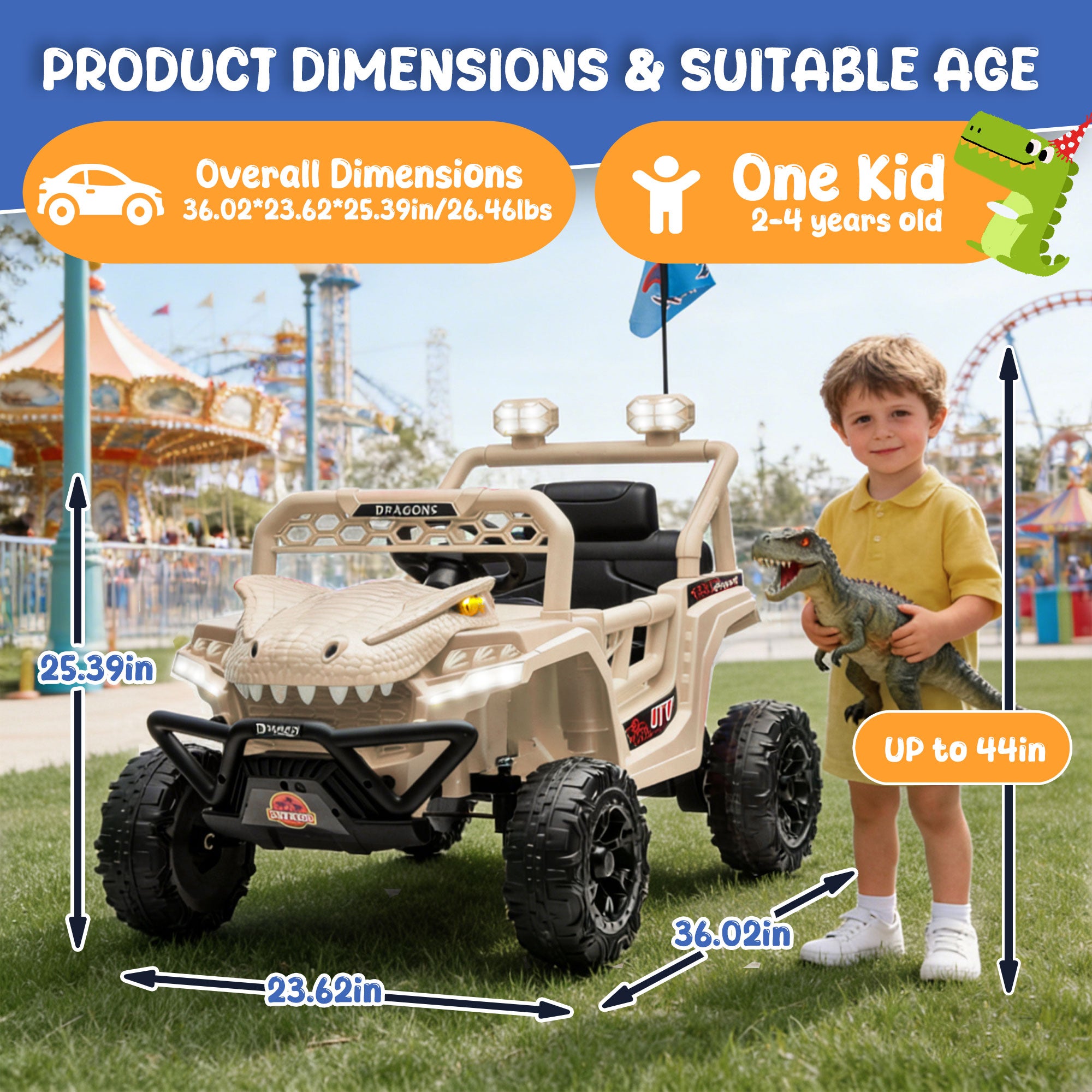 12V Ride On Cars for Kids, Kids Ride on Toys with Remote Control, Dinosaur Kids UTV Cars, 4 Wheel Suspension Electric Vehicle with Bluetooth, Music, LED, Ideal Gift for Boys Girls 2-4