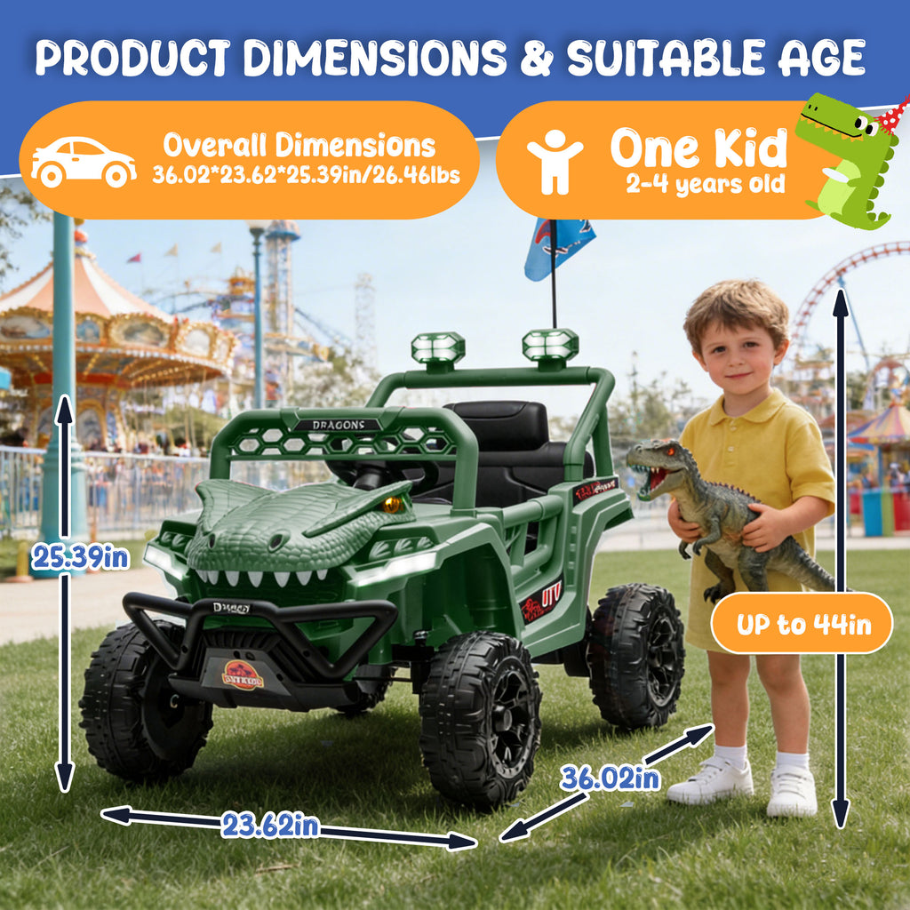 12V Ride On Cars for Kids, Kids Ride on Toys with Remote Control, Dinosaur Kids UTV Cars, 4 Wheel Suspension Electric Vehicle with Bluetooth, Music, LED, Ideal Gift for Boys Girls 2-4