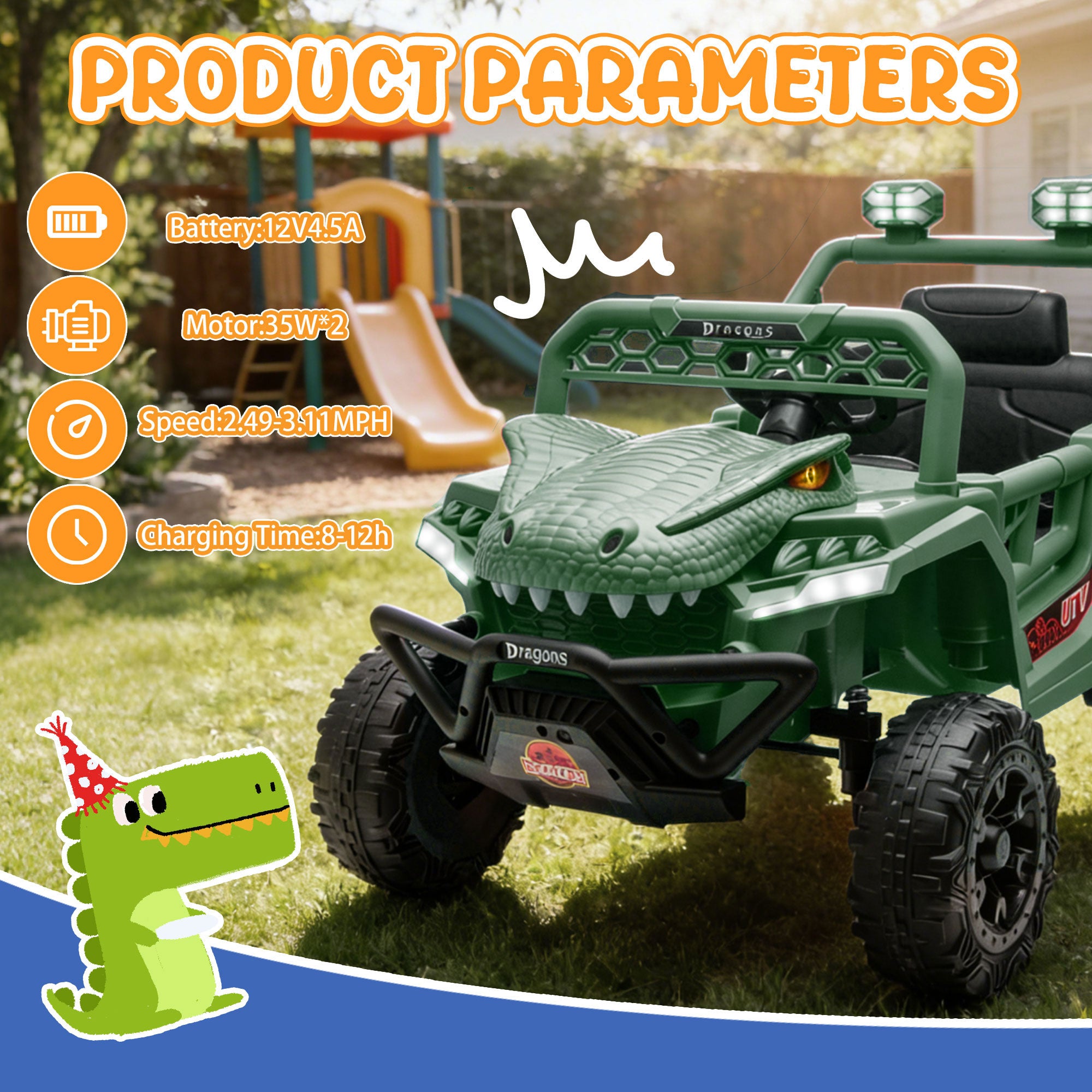 12V Ride On Cars for Kids, Kids Ride on Toys with Remote Control, Dinosaur Kids UTV Cars, 4 Wheel Suspension Electric Vehicle with Bluetooth, Music, LED, Ideal Gift for Boys Girls 2-4