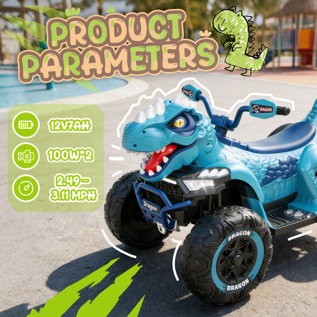 KEEPSUN 12V Ride on Toy for Kids, Dinosaur Ride on Car w/ Remote Control, 2-Seater 4 wheeler Kids ATV Quad with 100W*2 Motors, Bluetooth, Spring Suspension, Music, Cool Lights
