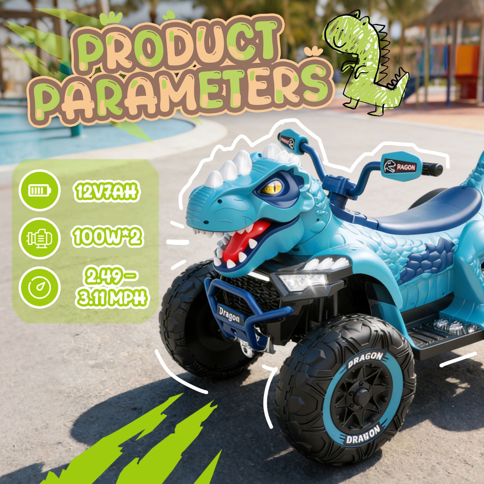 KEEPSUN 12V Ride on Toy for Kids, Dinosaur Ride on Car w/ Remote Control, 2-Seater 4 wheeler Kids ATV Quad with 100W*2 Motors, Bluetooth, Spring Suspension, Music, Cool Lights